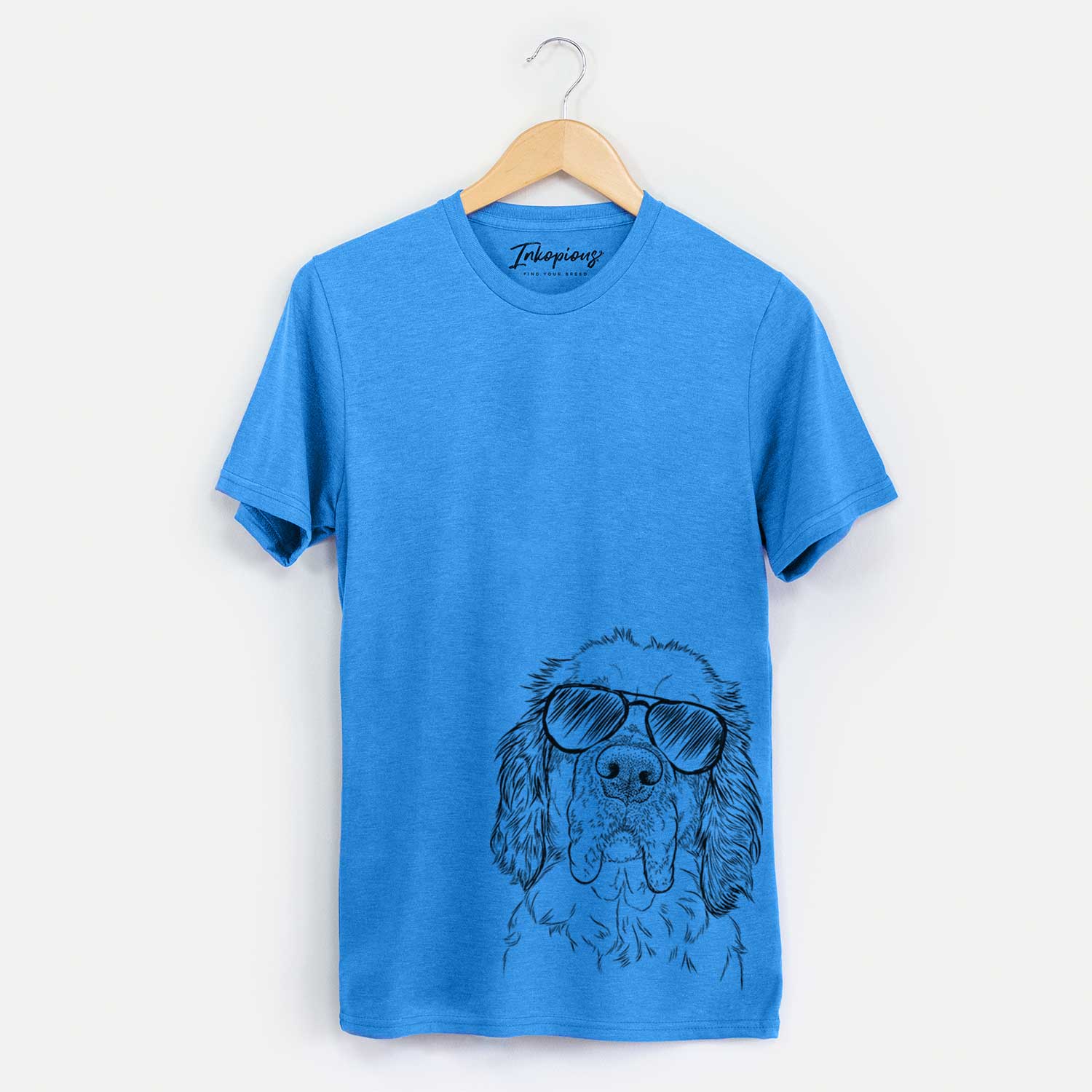 Hand-drawn sketch of Sully the Clumber Spaniel wearing aviator sunglasses on a Blue Unisex crewneck