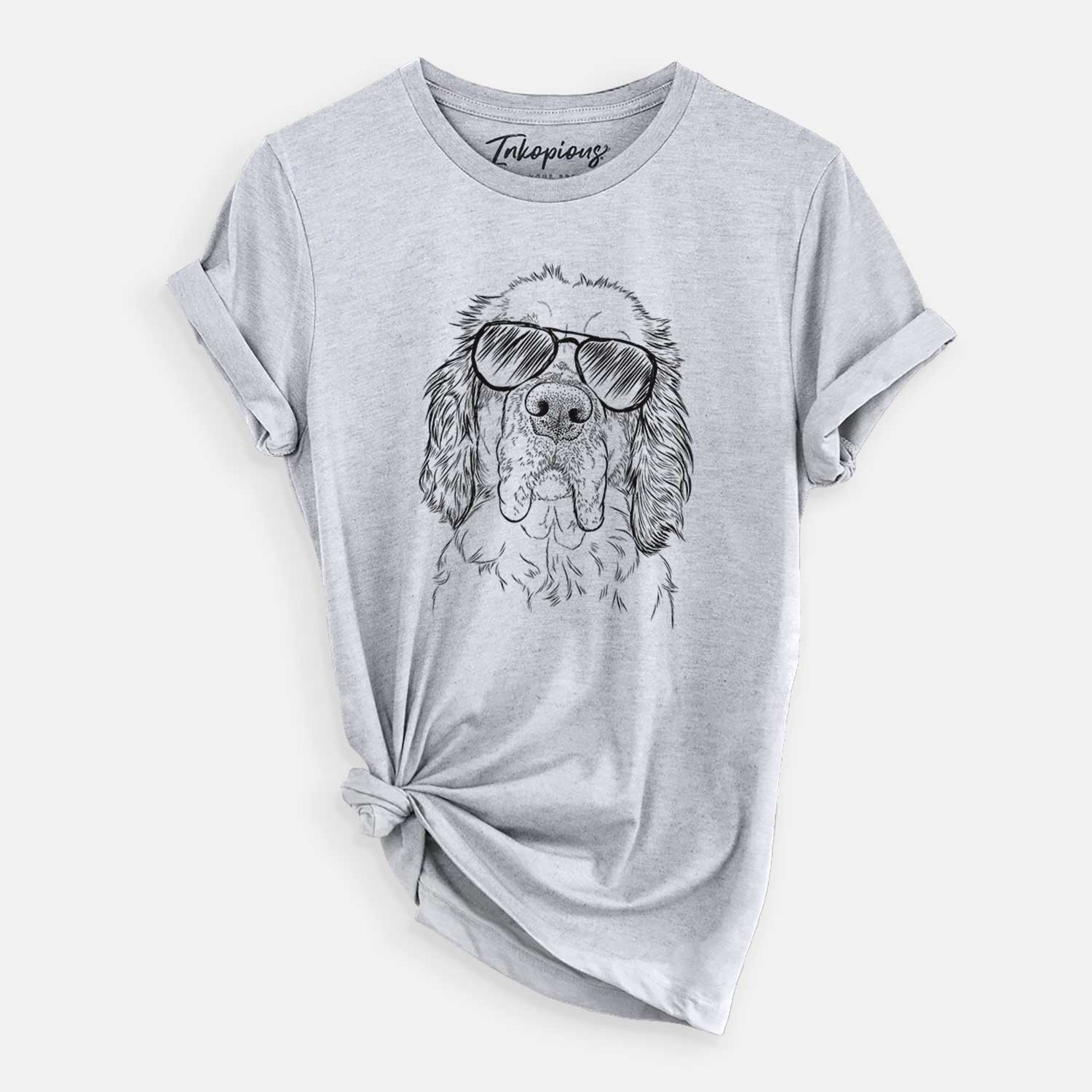 Hand-drawn sketch of Sully the Clumber Spaniel wearing aviator sunglasses on a Grey Unisex crewneck