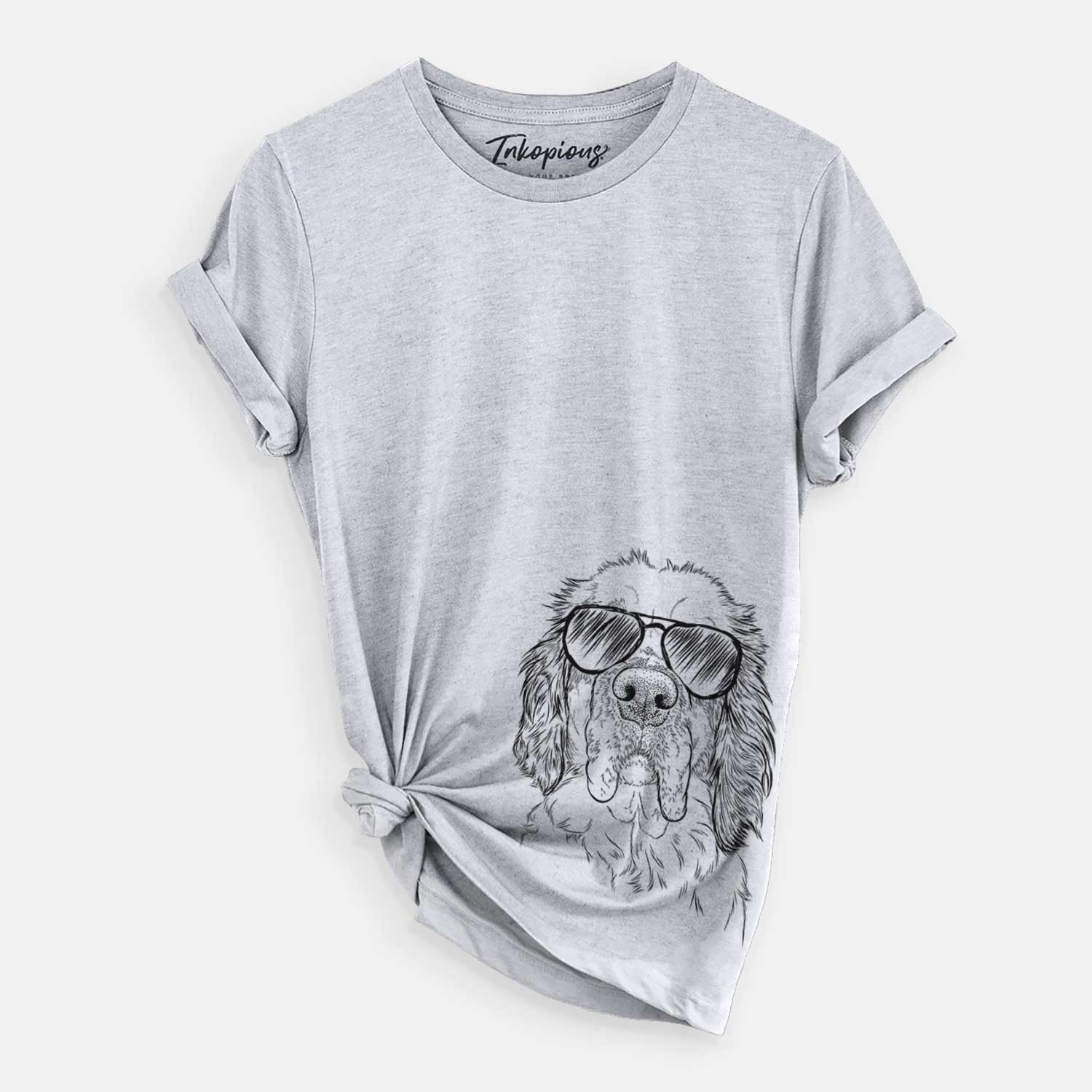 Hand-drawn sketch of Sully the Clumber Spaniel wearing aviator sunglasses on a Grey Unisex crewneck