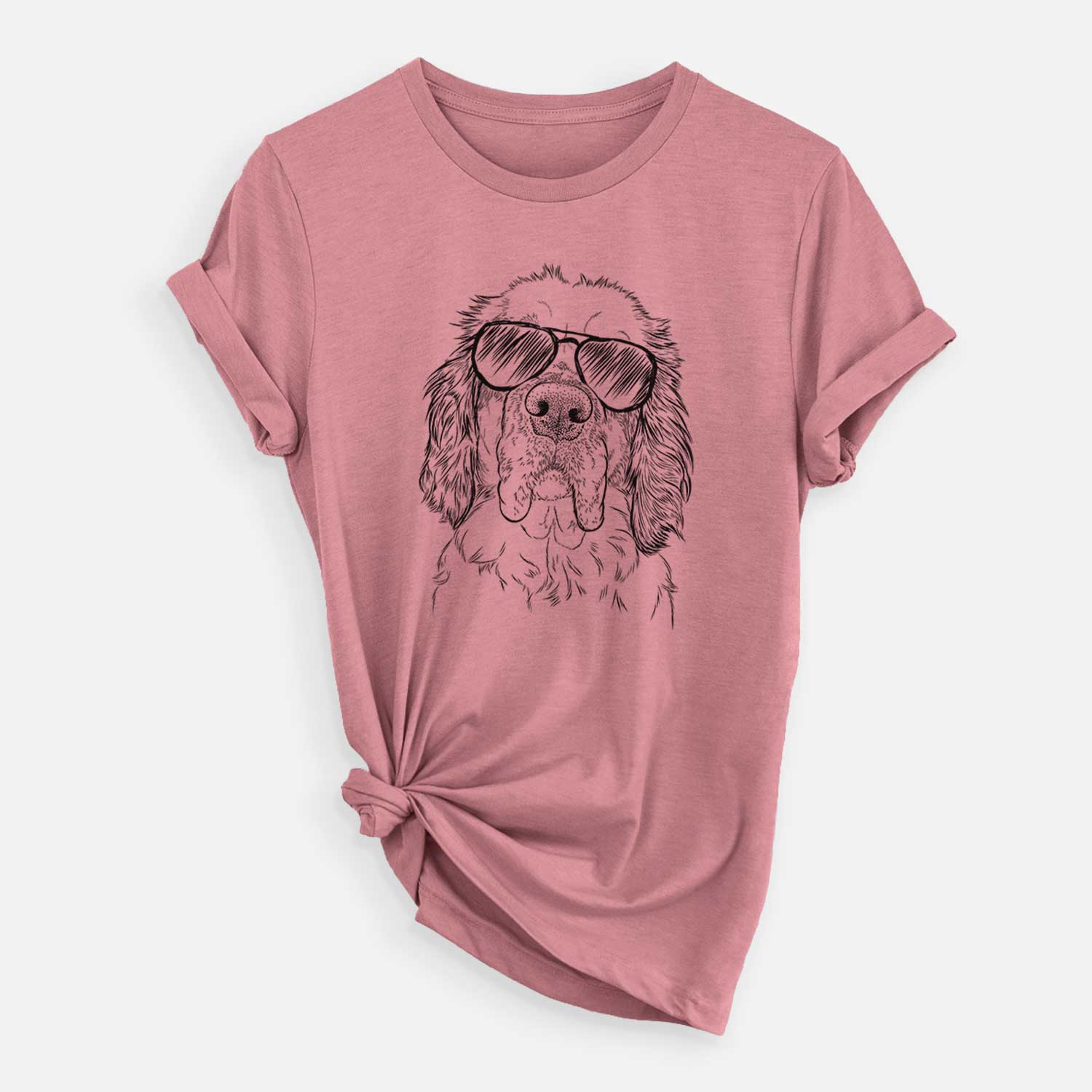 Hand-drawn sketch of Sully the Clumber Spaniel wearing aviator sunglasses on a Mauve Unisex crewneck