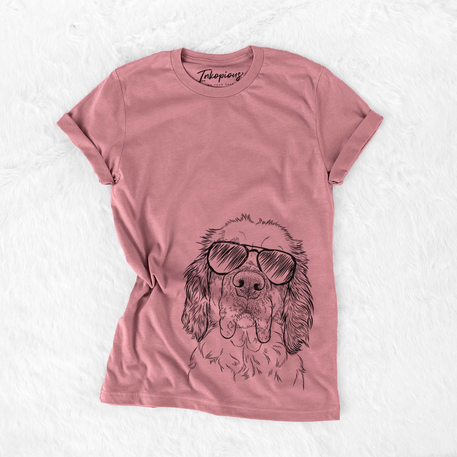 Hand-drawn sketch of Sully the Clumber Spaniel wearing aviator sunglasses on a Mauve Unisex crewneck