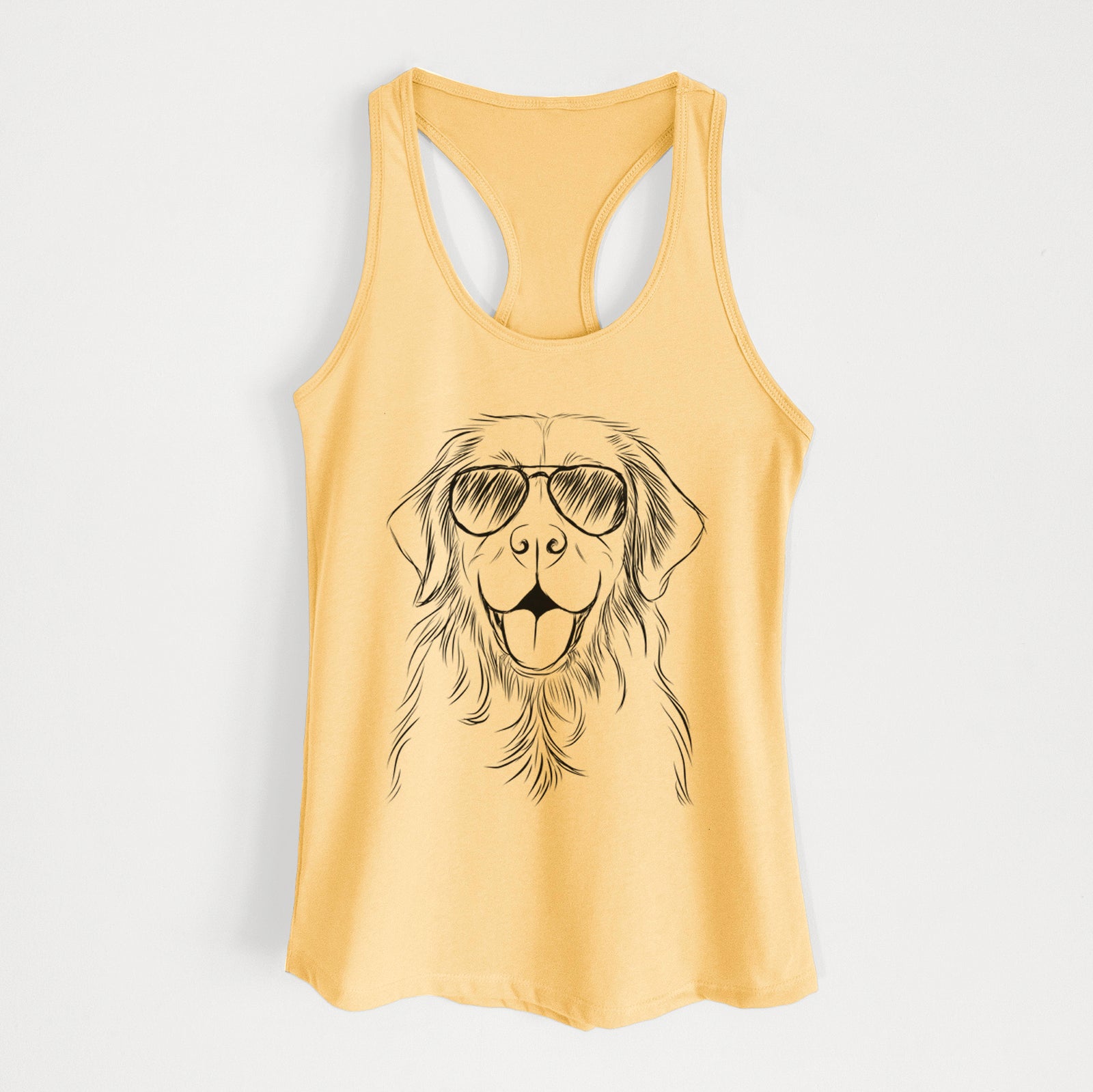 Hand-drawn sketch of Sunny the Golden Retriever wearing aviator sunglasses on a Banana Cream Women's racerback tanktop