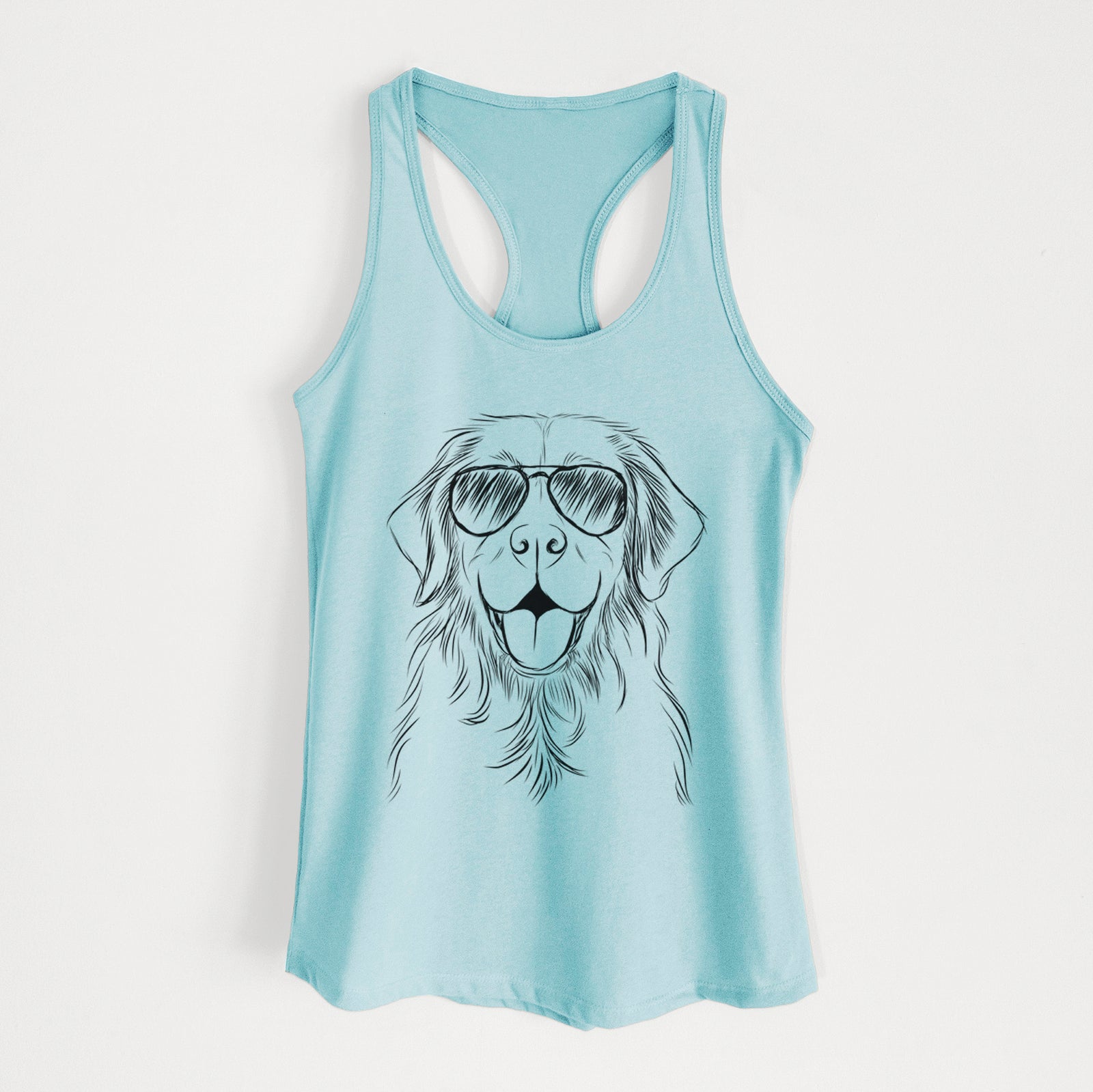 Hand-drawn sketch of Sunny the Golden Retriever wearing aviator sunglasses on a Cancun Blue Women's racerback tanktop