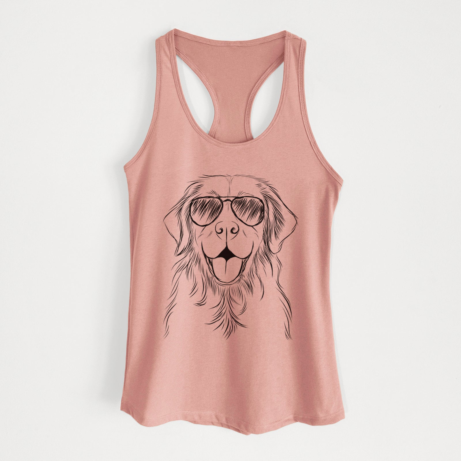 Hand-drawn sketch of Sunny the Golden Retriever wearing aviator sunglasses on a Desert Pink Women's racerback tanktop