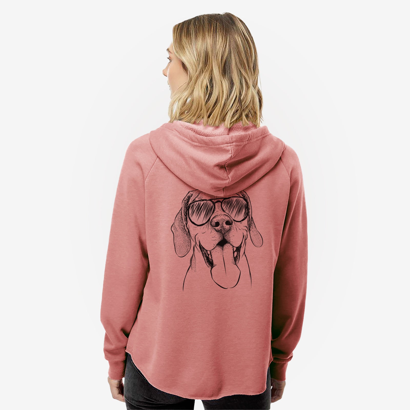 Hand-drawn sketch of Sunny the Beagle wearing aviator sunglasses on a Dusty Rose Women's cali wave zip-up sweatshirt