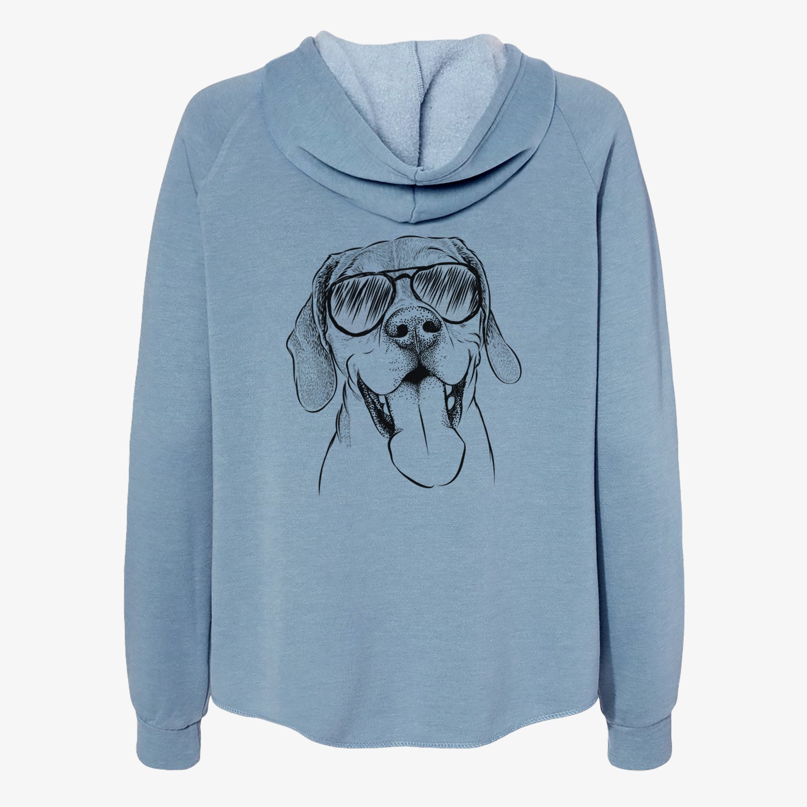 Hand-drawn sketch of Sunny the Beagle wearing aviator sunglasses on a Misty Blue Women's cali wave zip-up sweatshirt
