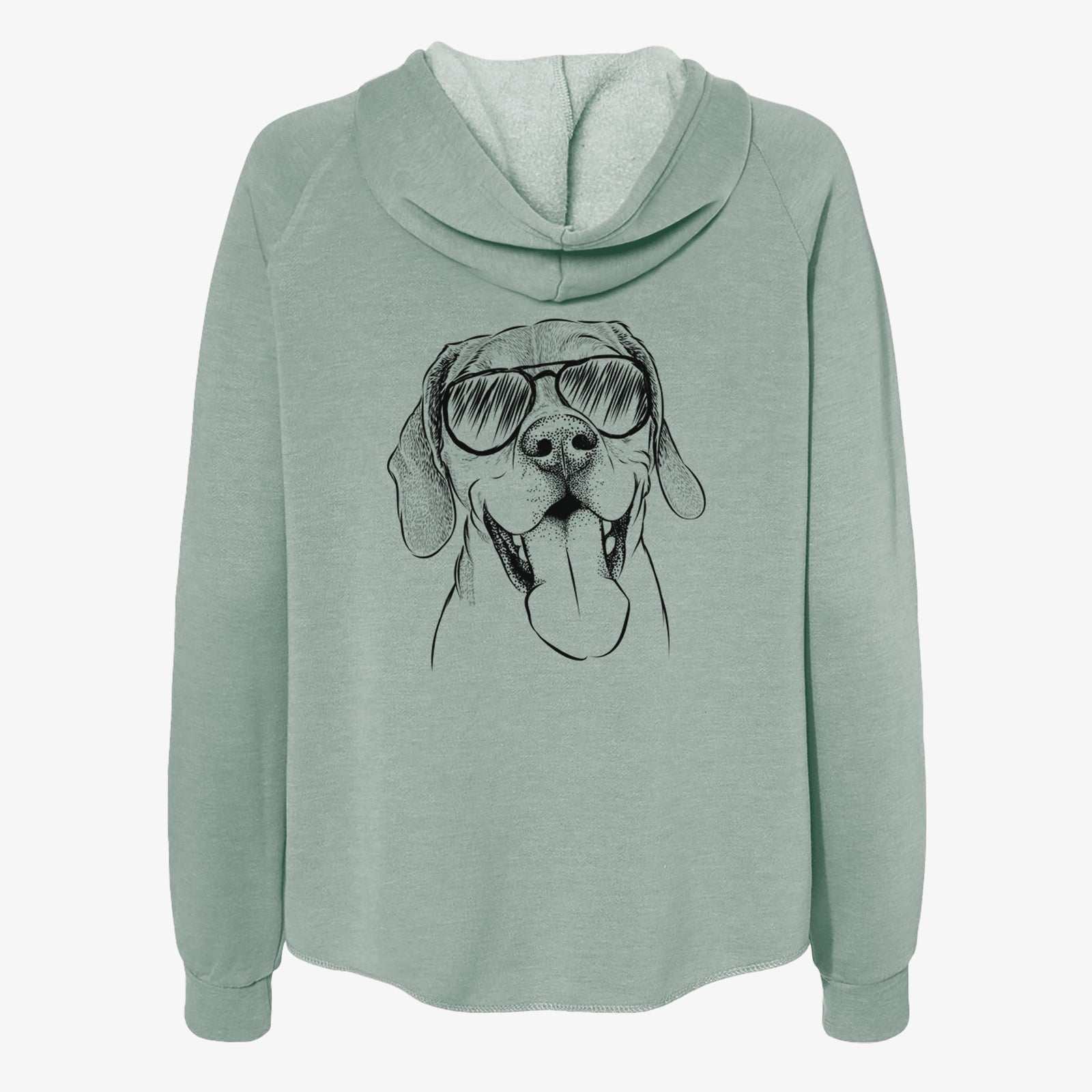 Hand-drawn sketch of Sunny the Beagle wearing aviator sunglasses on a Sage Women's cali wave zip-up sweatshirt