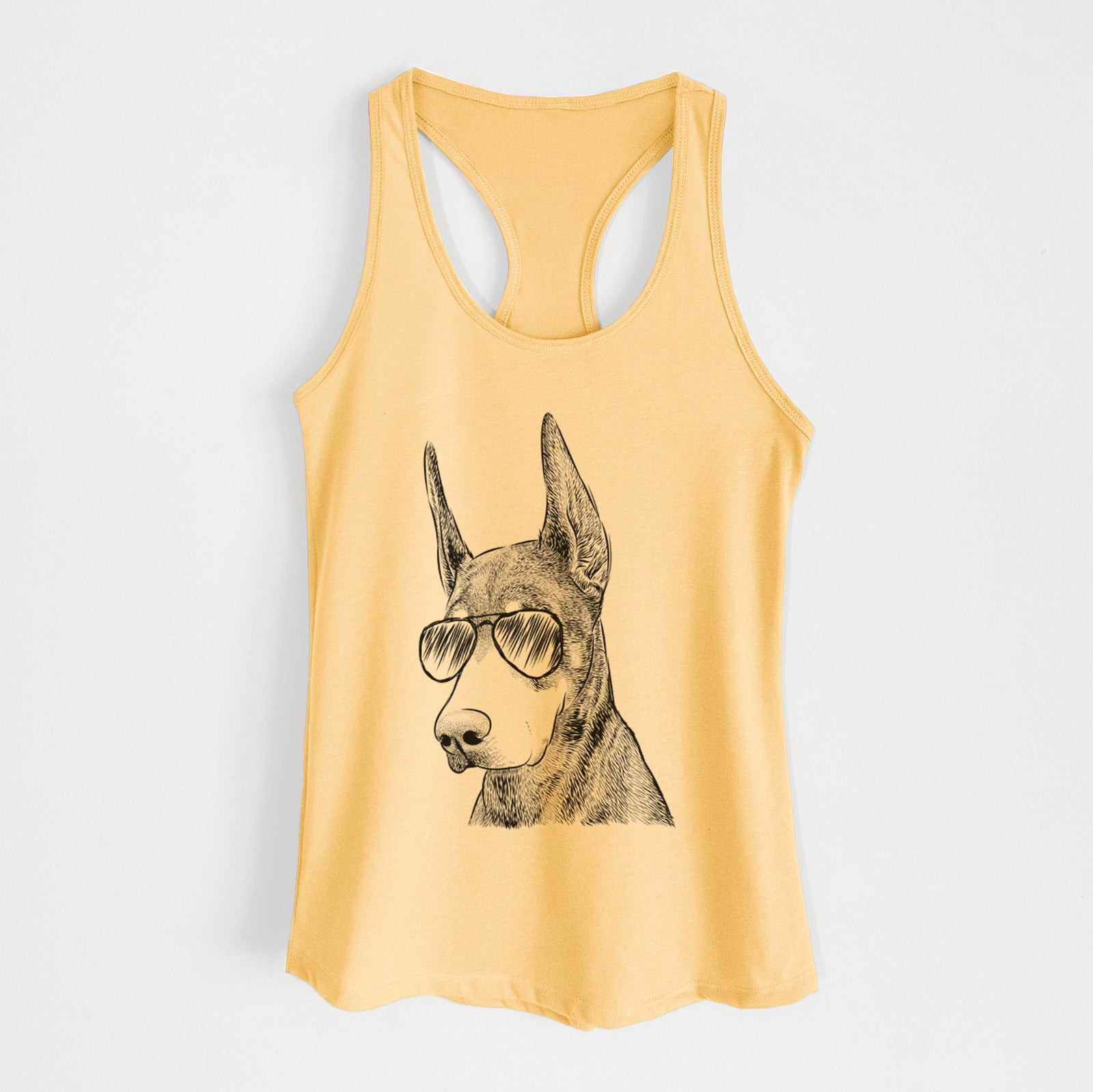 Hand-drawn sketch of Sunny the Doberman Pinscher wearing aviator sunglasses on a Banana Cream Women's racerback tanktop