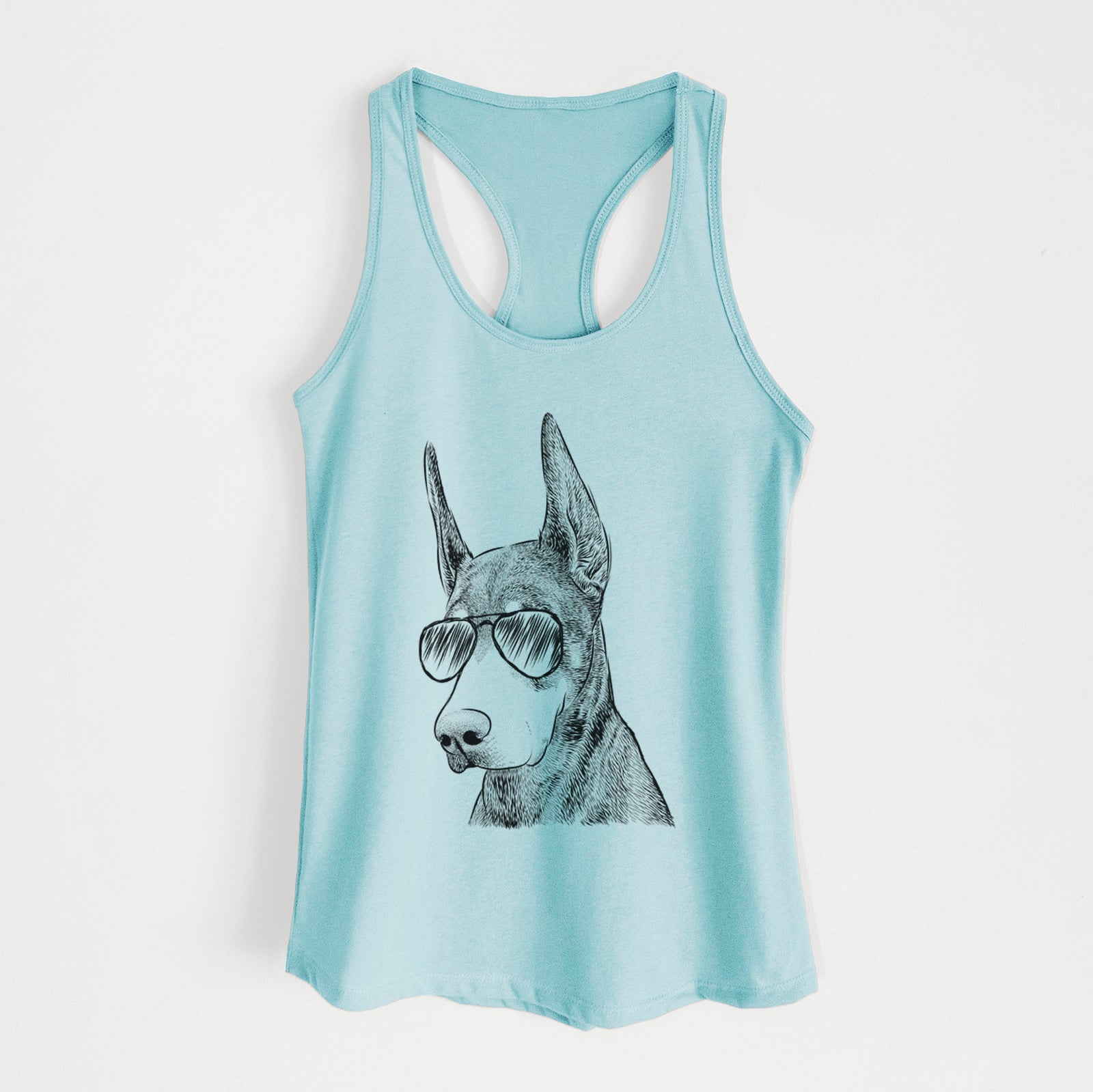 Hand-drawn sketch of Sunny the Doberman Pinscher wearing aviator sunglasses on a Cancun Blue Women's racerback tanktop