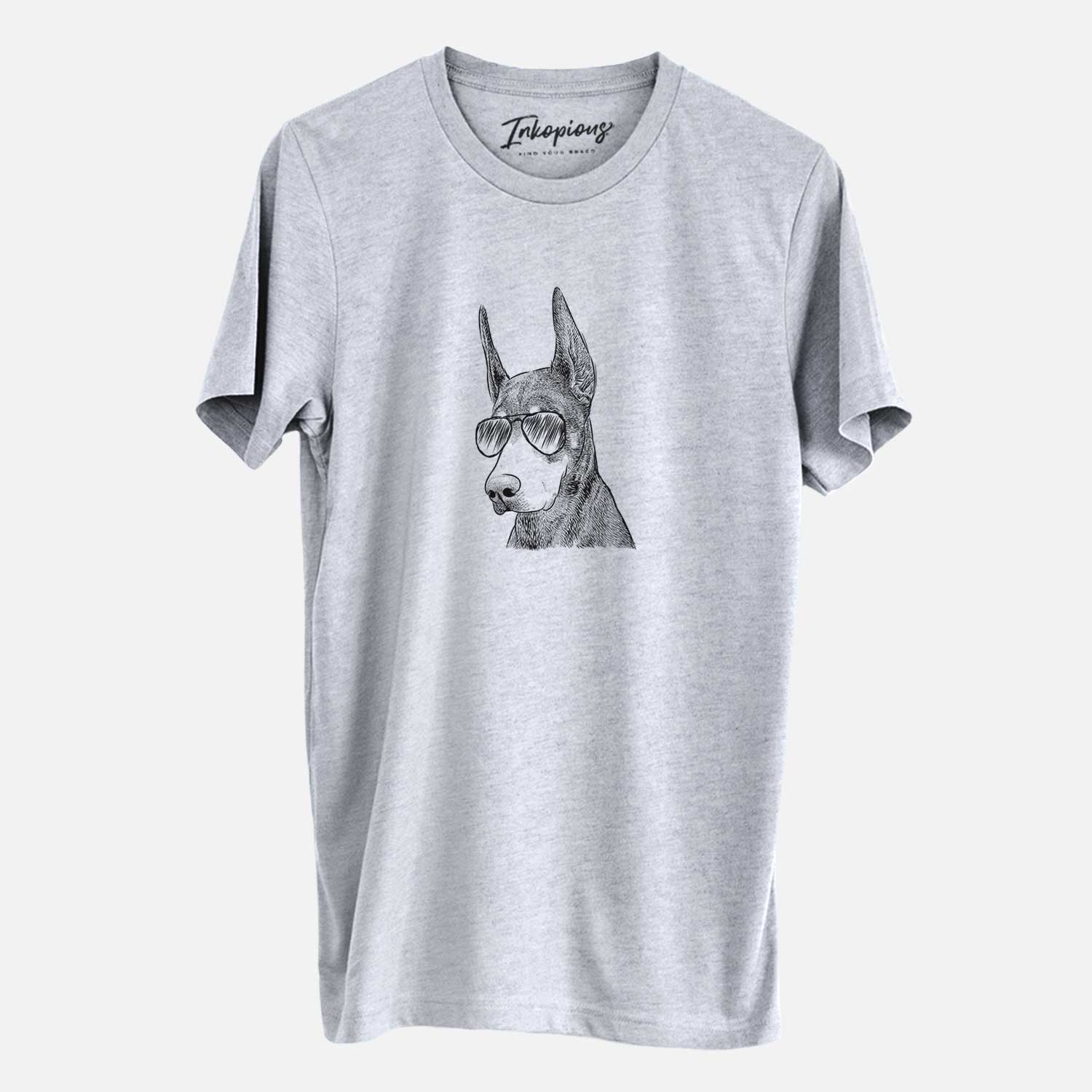 Hand-drawn sketch of Sunny the Doberman Pinscher wearing aviator sunglasses on a Grey Unisex crewneck