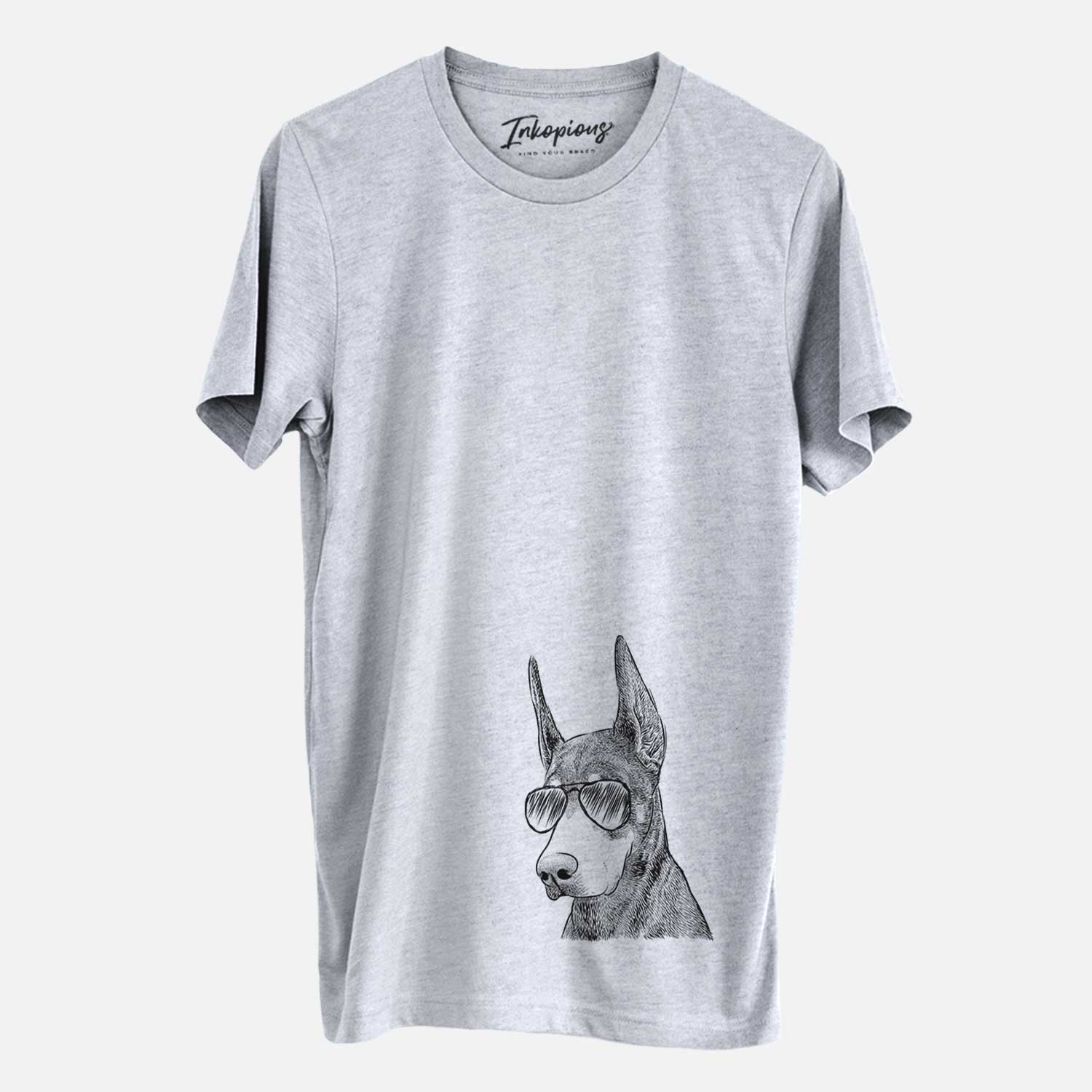 Hand-drawn sketch of Sunny the Doberman Pinscher wearing aviator sunglasses on a Grey Unisex crewneck