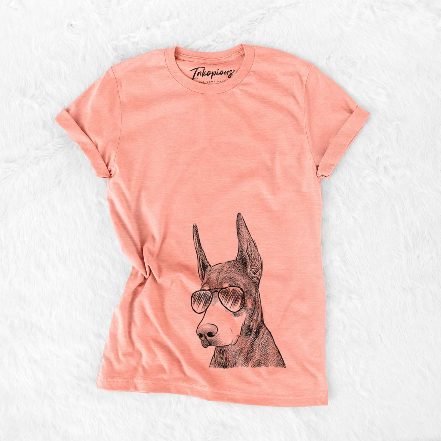 Hand-drawn sketch of Sunny the Doberman Pinscher wearing aviator sunglasses on a Sunset Bella Canvas Unisex Crewneck