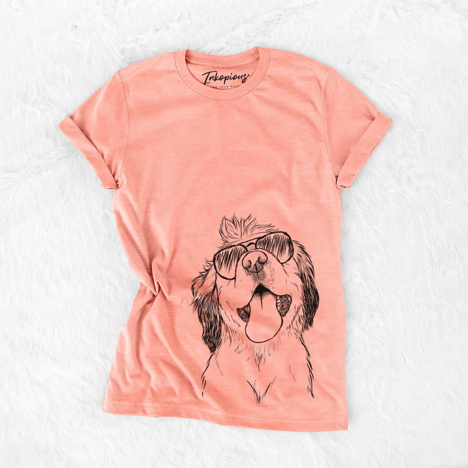 Hand-drawn sketch of Sven the Double Merle Spaniel Aussie Mix wearing aviator sunglasses on a Sunset Bella Canvas Unisex Crewneck