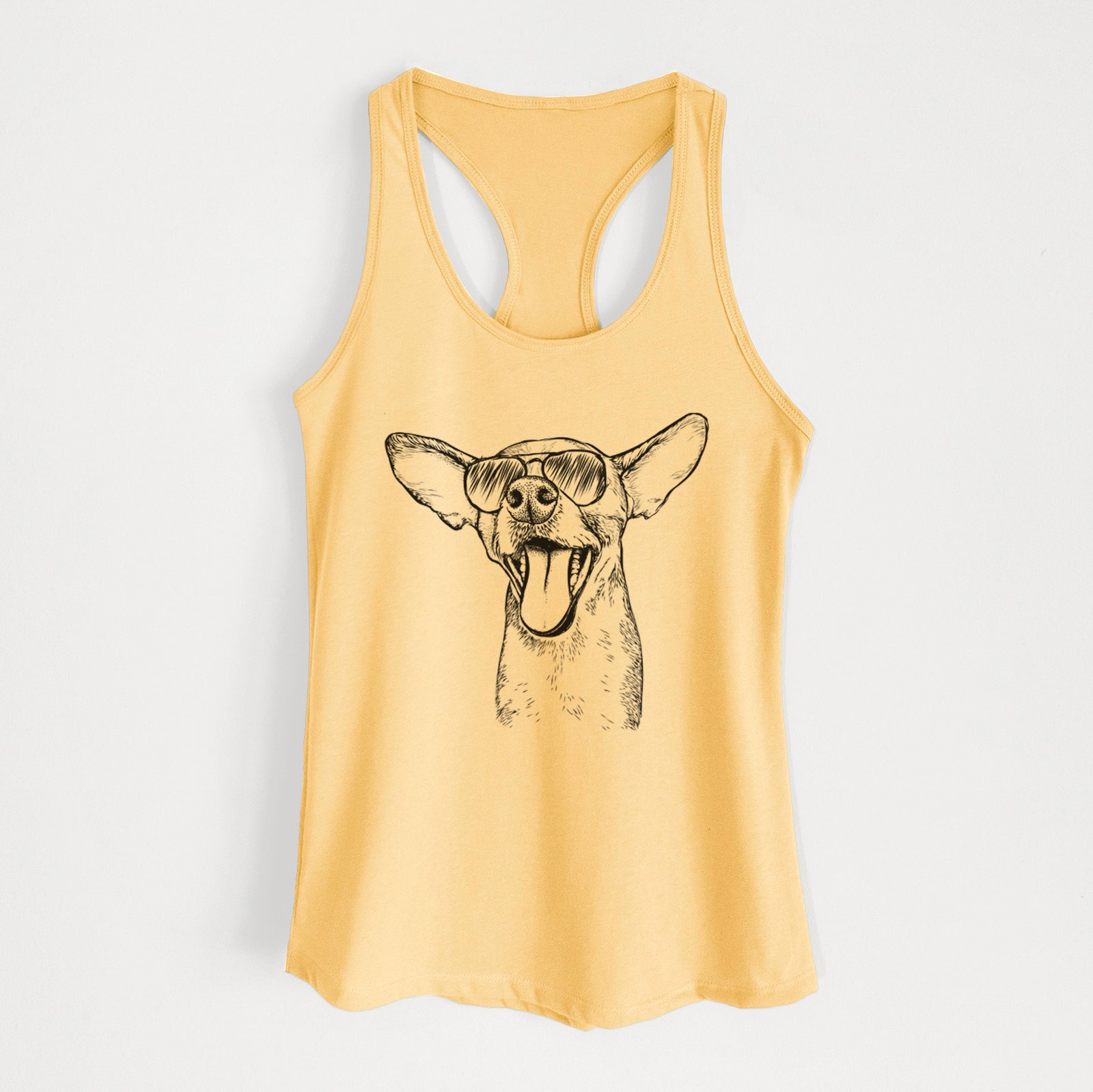 Hand-drawn sketch of SweetBailey the Chihuahua Mix wearing aviator sunglasses on a Banana Cream Women's racerback tanktop