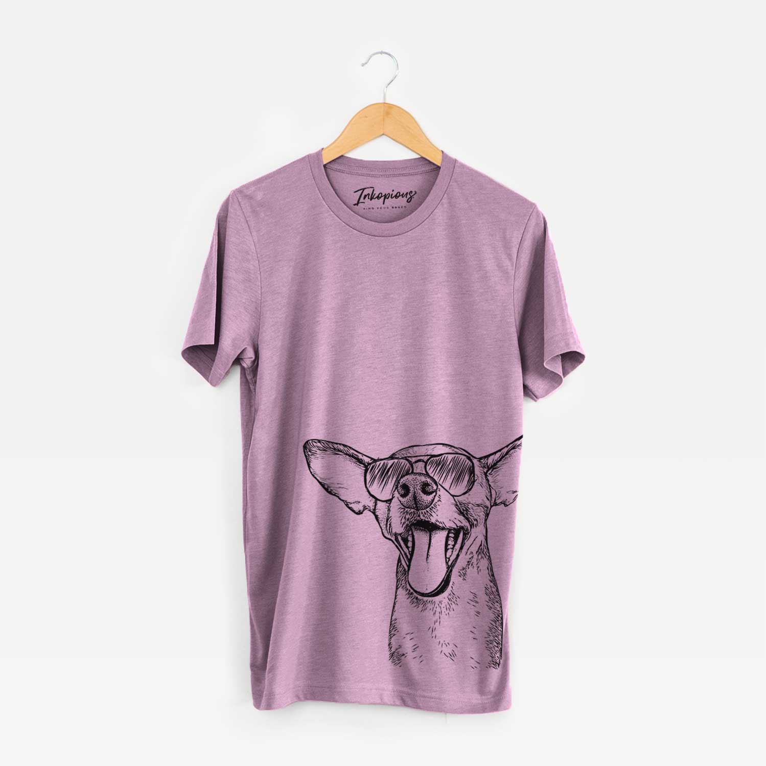 Hand-drawn sketch of Sweet Bailey the Chihuahua Mix wearing aviator sunglasses on an Orchid Bella Canvas Unisex Crewneck