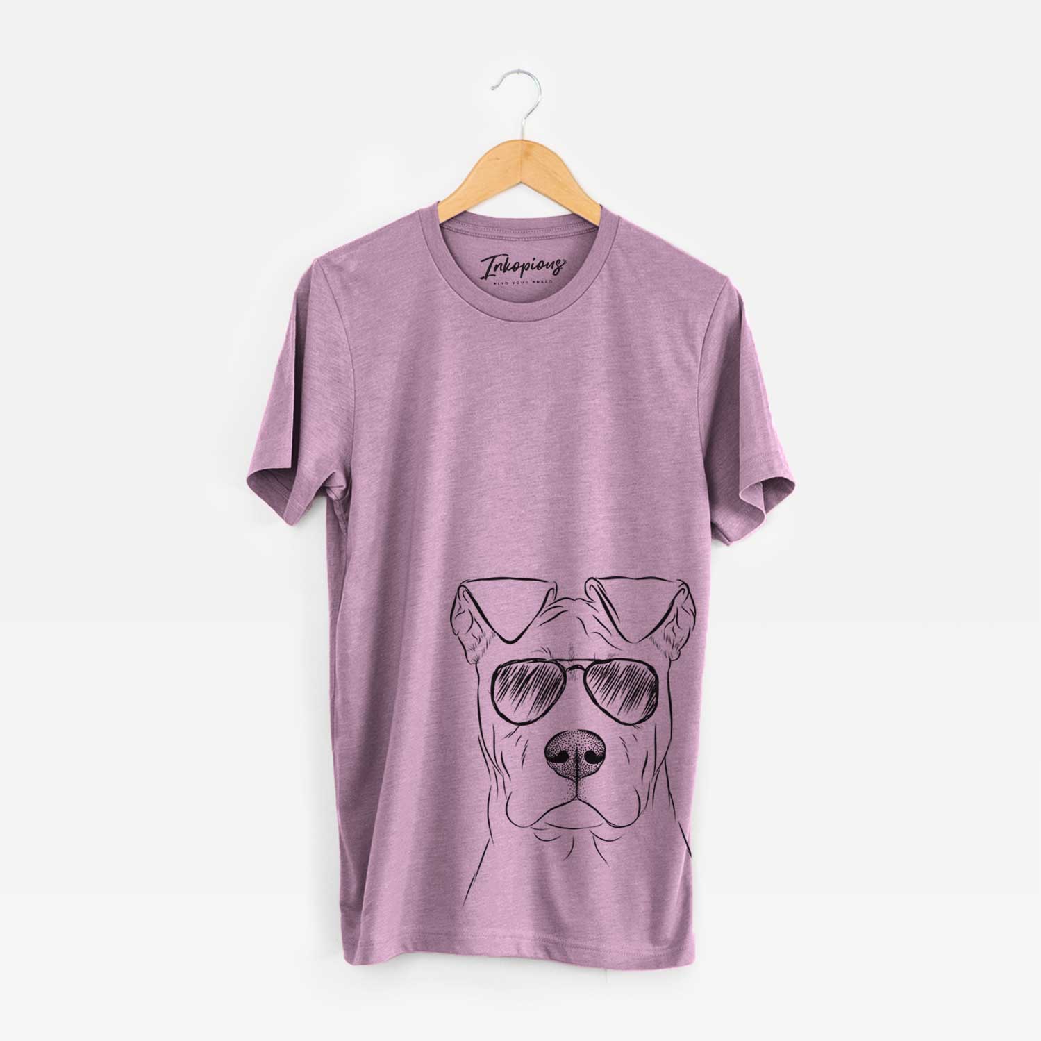 Hand-drawn sketch of Sweet Finn the Mixed Breed wearing aviator sunglasses on an Orchid Bella Canvas Unisex Crewneck