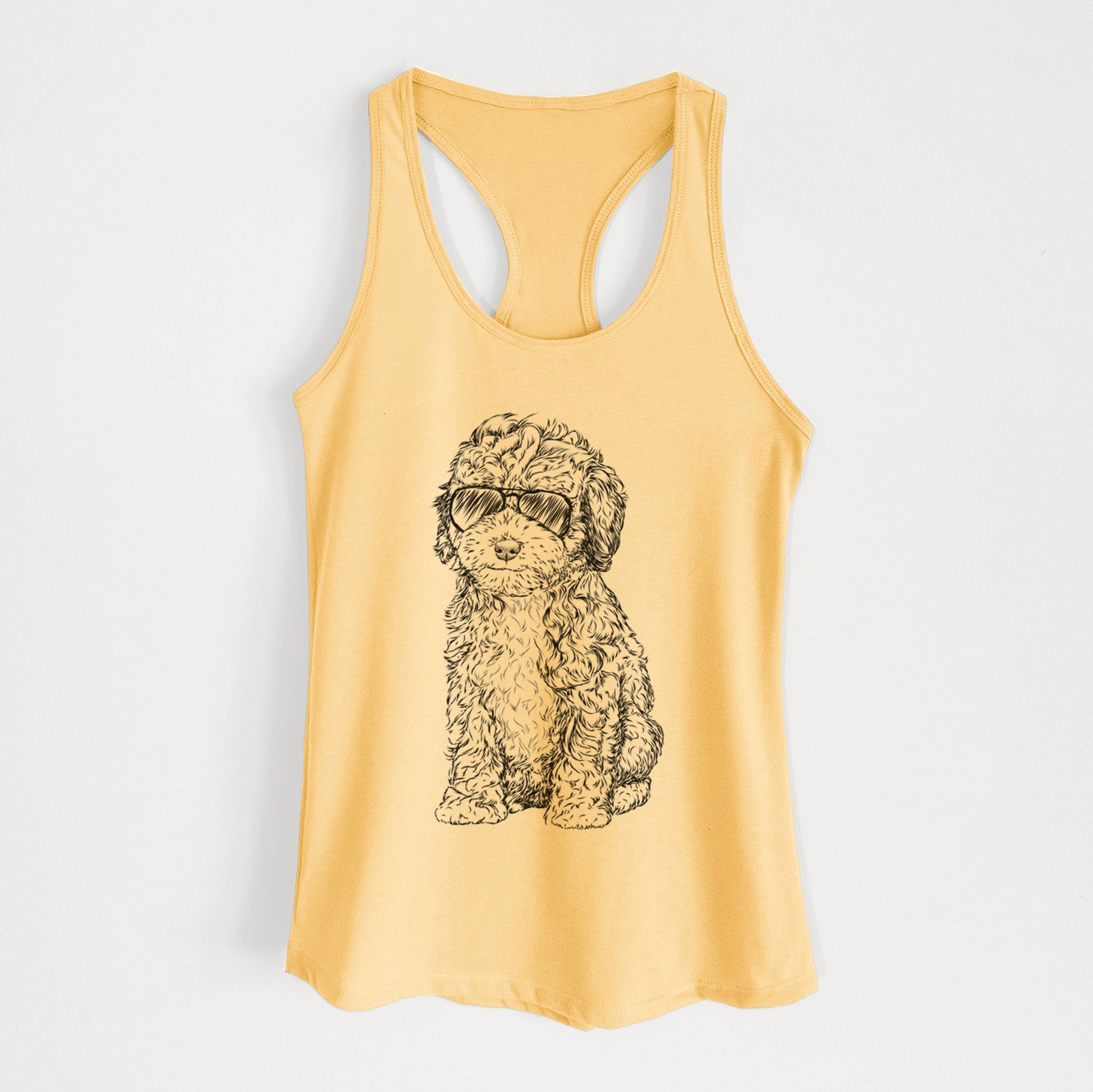 Hand-drawn sketch of Sweet Tea the Mini Doodle wearing aviator sunglasses on a Banana Cream Women's racerback tanktop