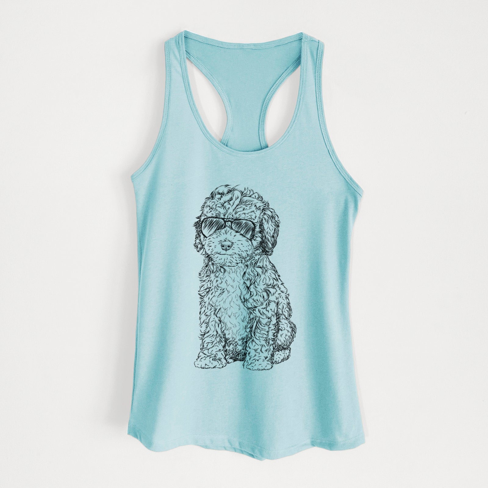 Hand-drawn sketch of Sweet Tea the Mini Doodle wearing aviator sunglasses on a Cancun Blue Women's racerback tanktop