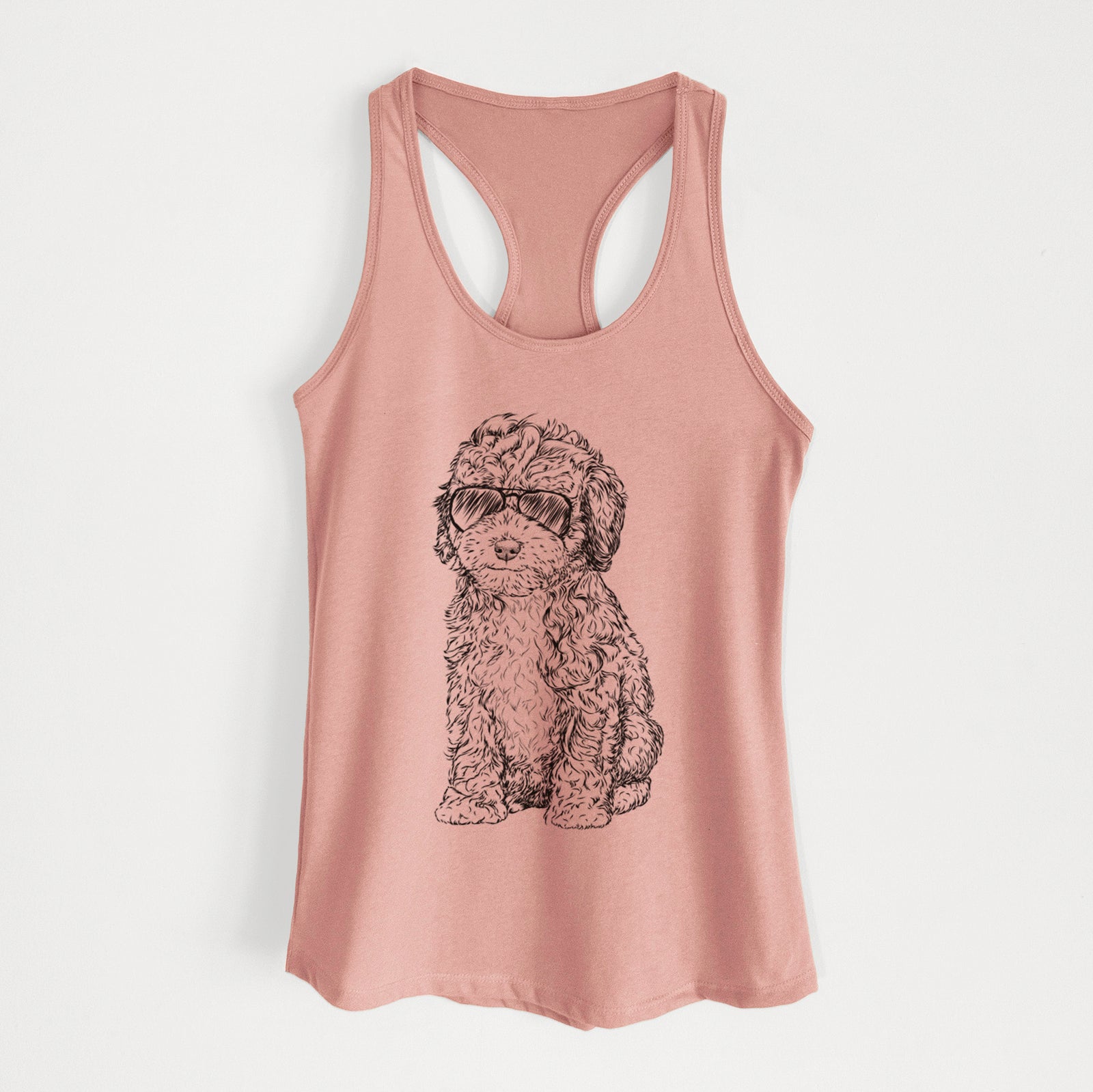 Hand-drawn sketch of Sweet Tea the Mini Doodle wearing aviator sunglasses on a Desert Pink Women's racerback tanktop