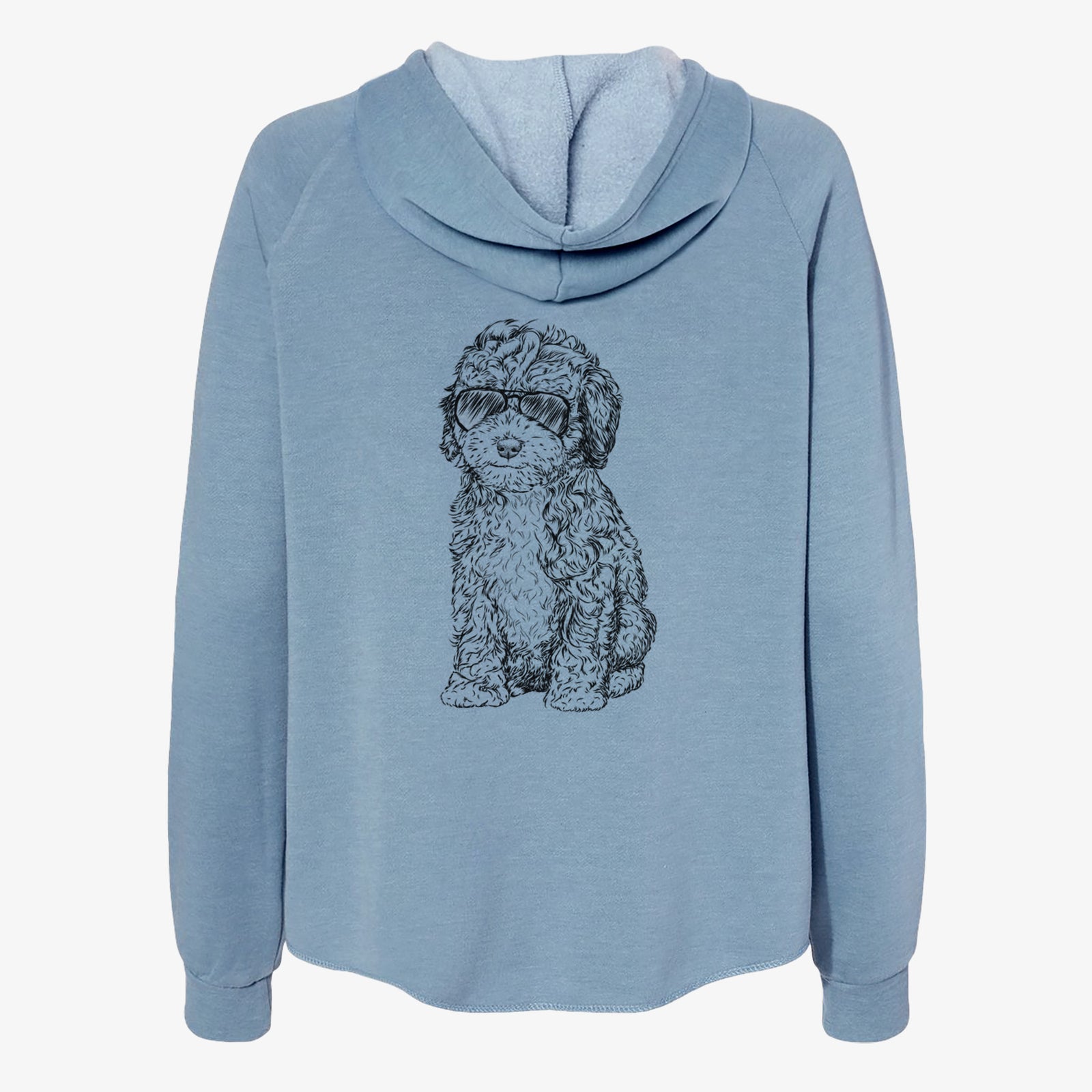 Hand-drawn sketch of Sweet Tea the Mini Doodle wearing aviator sunglasses on a Misty Blue Women's cali wave zip-up sweatshirt