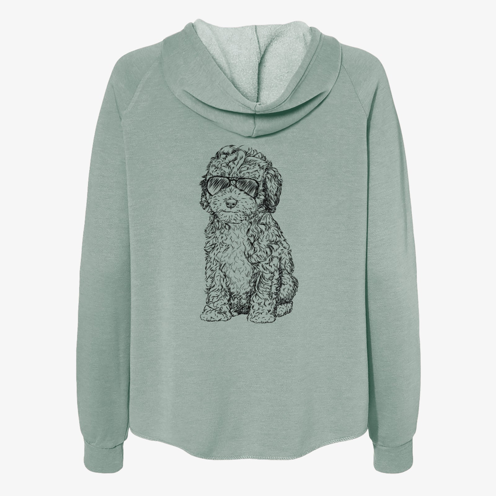 Hand-drawn sketch of Sweet Tea the Mini Doodle wearing aviator sunglasses on a Sage Women's cali wave zip-up sweatshirt