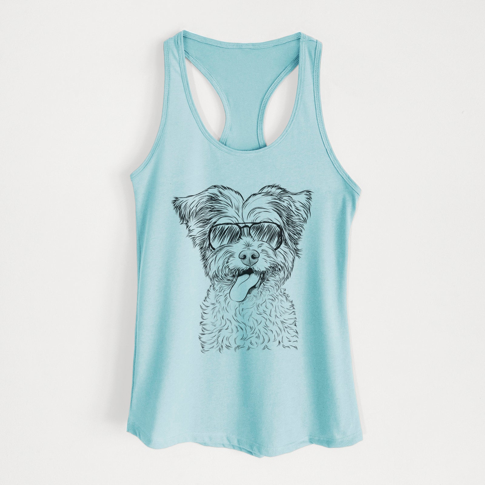 Hand-drawn sketch of Sweetie the Terrier Mix wearing aviator sunglasses on a Cancun Blue Women's racerback tanktop