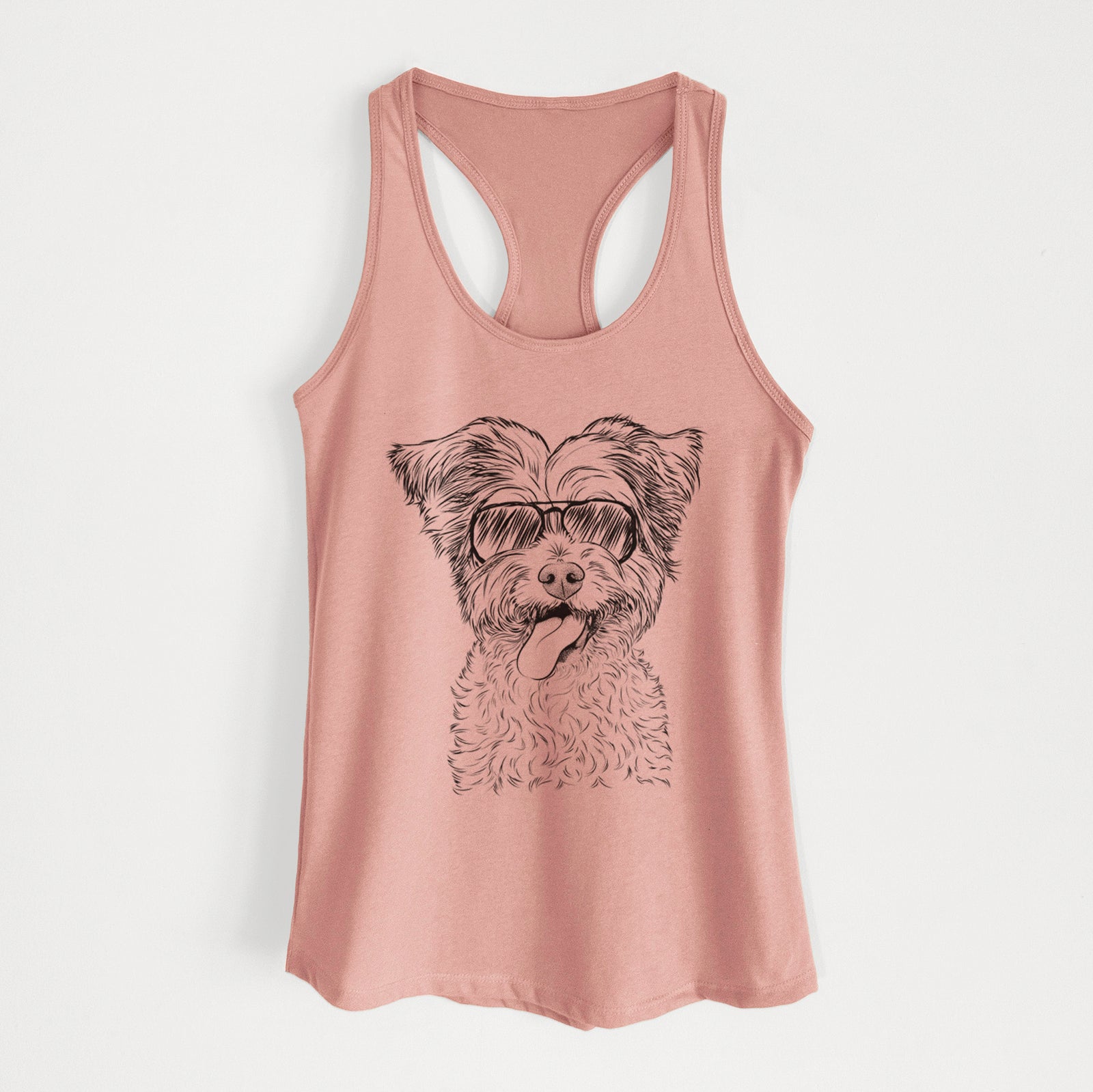 Hand-drawn sketch of Sweetie the Terrier Mix wearing aviator sunglasses on a Desert Pink Women's racerback tanktop