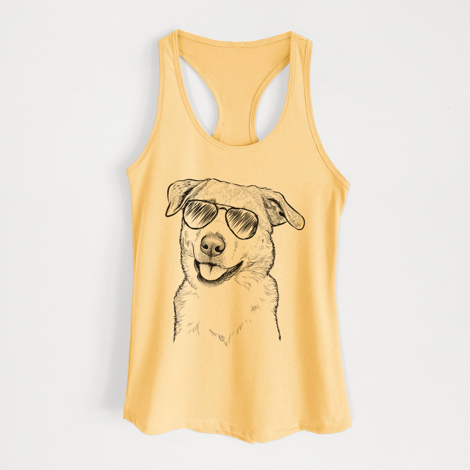 Hand-drawn sketch of Sydney the Great Pyrenees Australian Shepherd Mix wearing aviator sunglasses on a Banana Cream Women's racerback tanktop