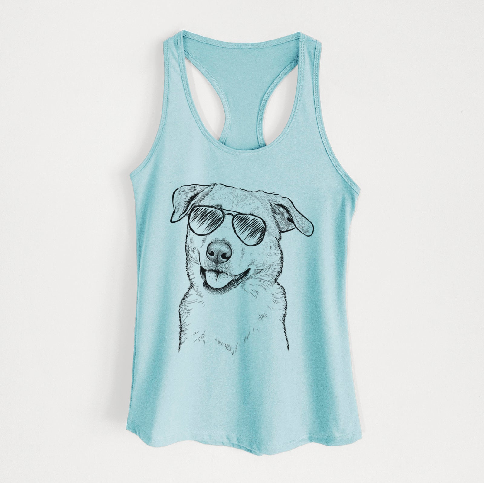 Hand-drawn sketch of Sydney the Great Pyrenees Australian Shepherd Mix wearing aviator sunglasses on a Cancun Blue Women's racerback tanktop