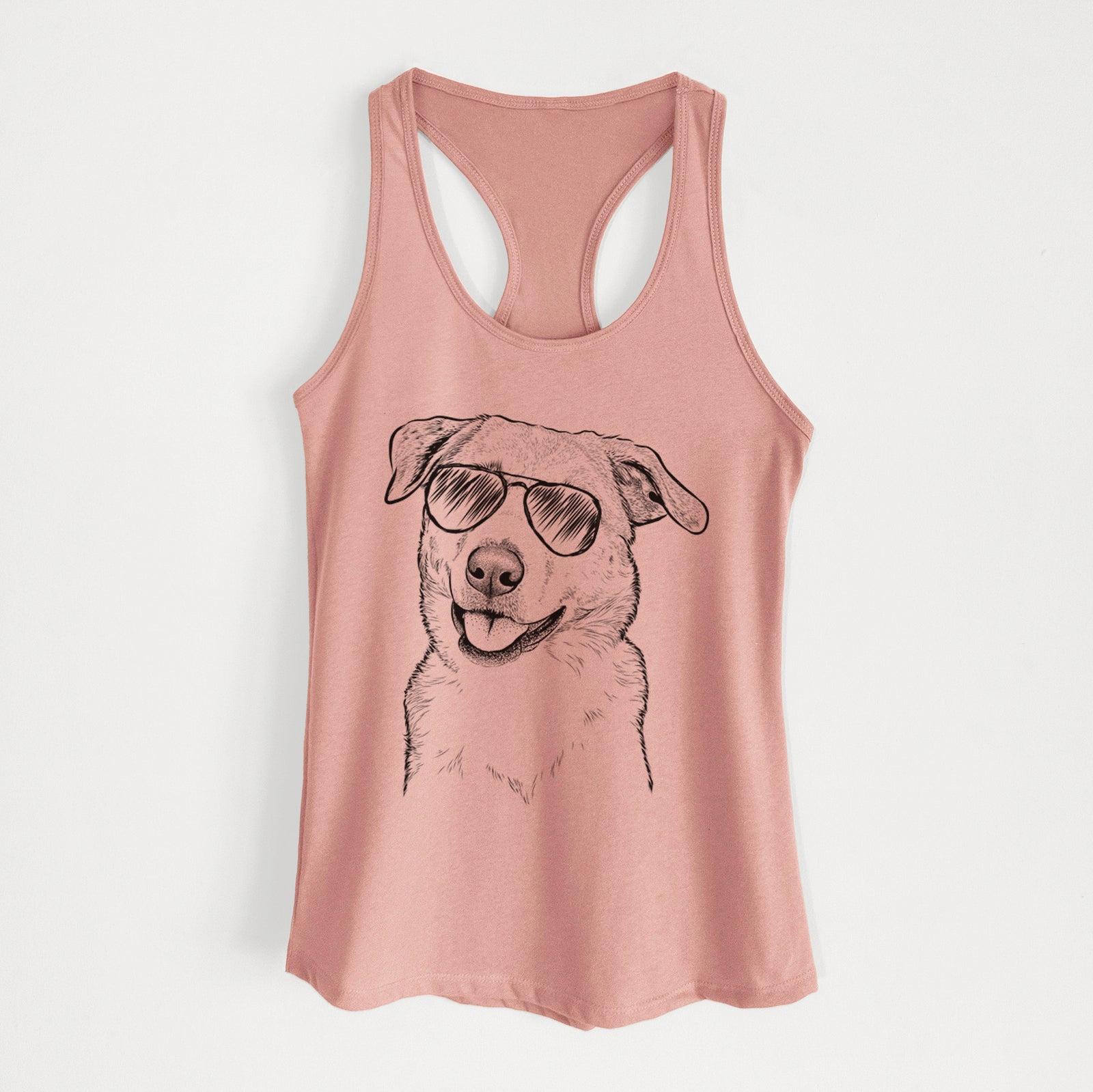 Hand-drawn sketch of Sydney the Great Pyrenees Australian Shepherd Mix wearing aviator sunglasses on a Desert Pink Women's racerback tanktop