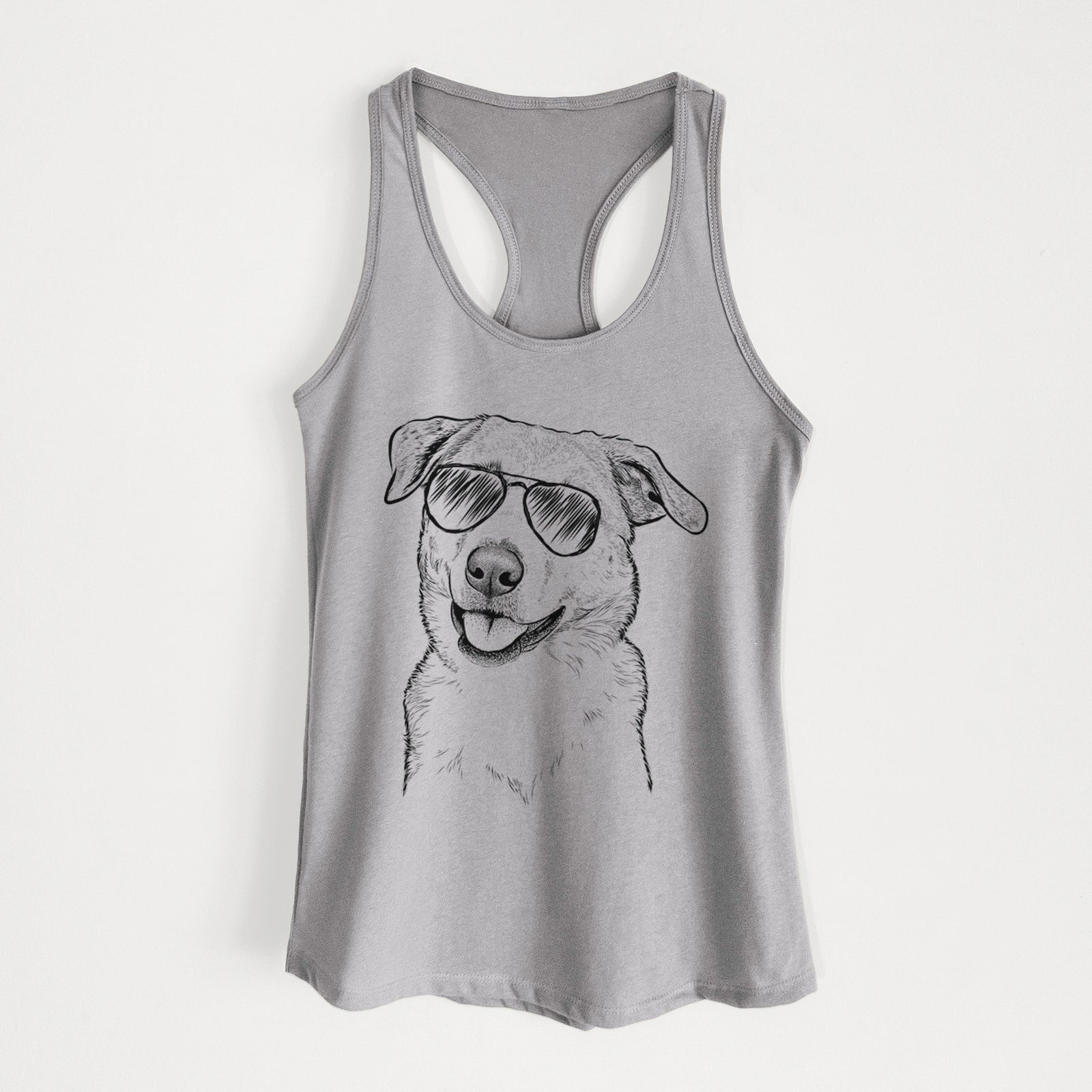 Hand-drawn sketch of Sydney the Great Pyrenees Australian Shepherd Mix wearing aviator sunglasses on a Heather Grey Women's racerback tanktop