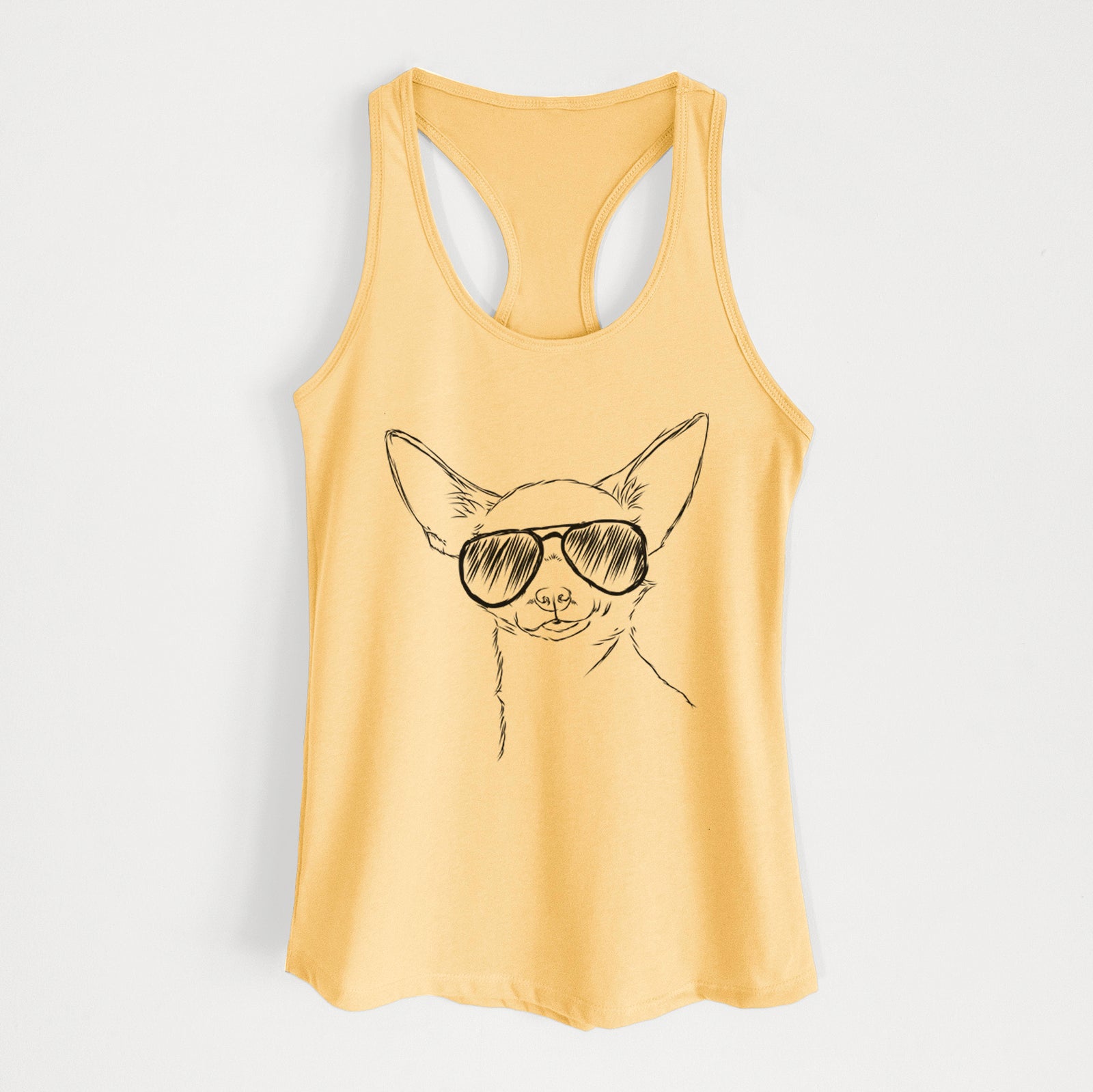 Hand-drawn sketch of Tabitha the Chihuahua wearing aviator sunglasses on a Banana Cream Women's racerback tanktop