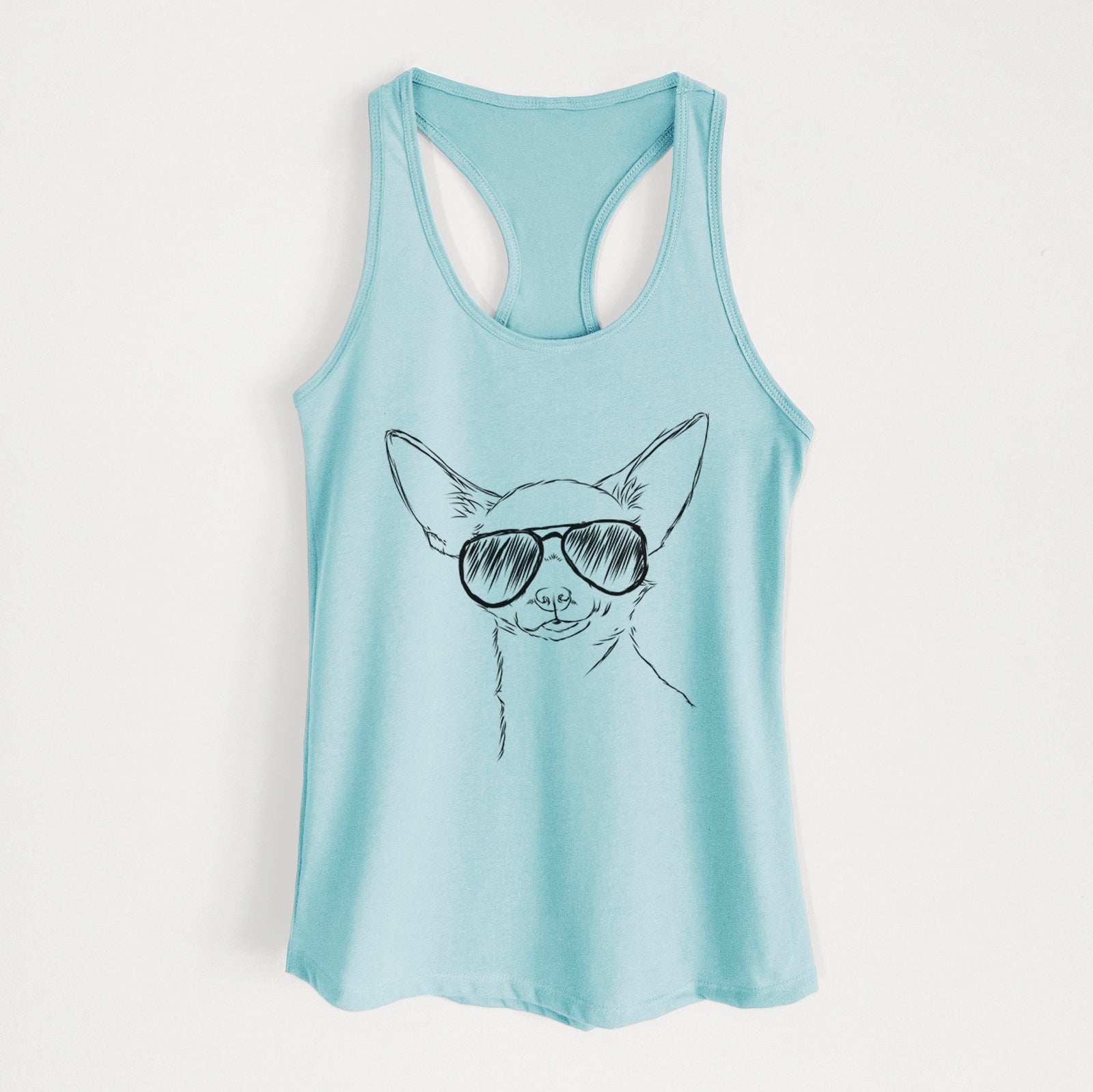 Hand-drawn sketch of Tabitha the Chihuahua wearing aviator sunglasses on a Cancun Blue Women's racerback tanktop