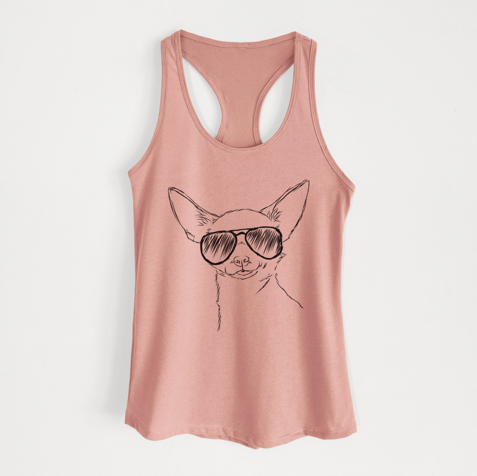 Hand-drawn sketch of Tabitha the Chihuahua wearing aviator sunglasses on a Desert Pink Women's racerback tanktop