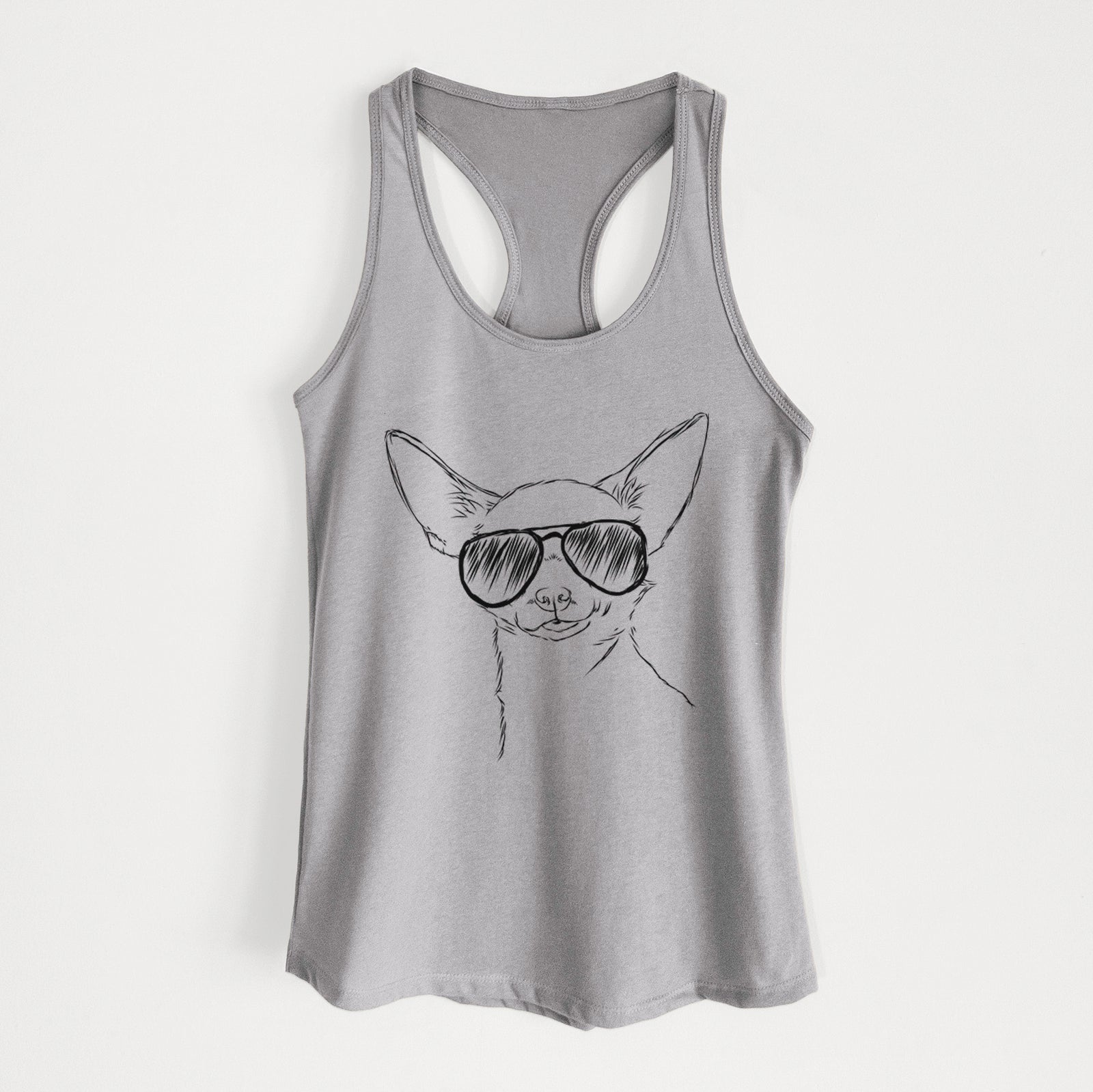 Hand-drawn sketch of Tabitha the Chihuahua wearing aviator sunglasses on a Heather Grey Women's racerback tanktop
