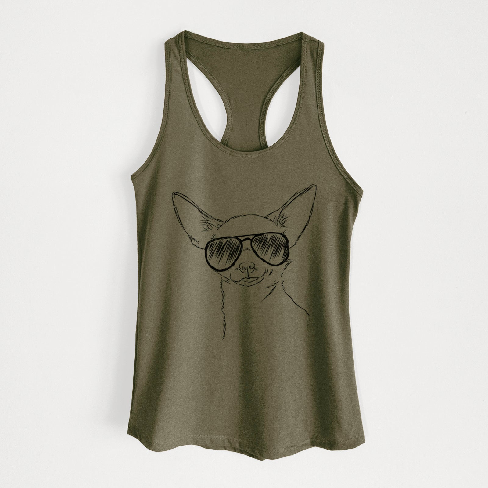 Hand-drawn sketch of Tabitha the Chihuahua wearing aviator sunglasses on a Military Green Women's racerback tanktop