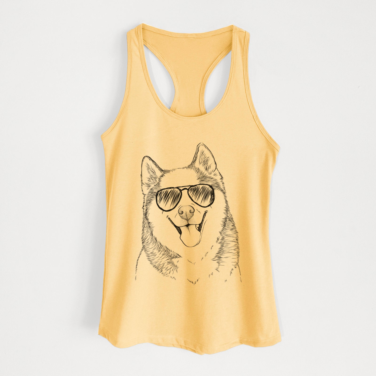 Hand-drawn sketch of Teak the Siberian Husky wearing aviator sunglasses on a Banana Cream Women's racerback tanktop