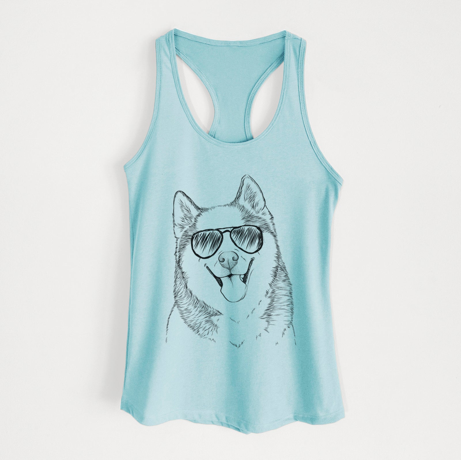 Hand-drawn sketch of Teak the Siberian Husky wearing aviator sunglasses on a Cancun Blue Women's racerback tanktop