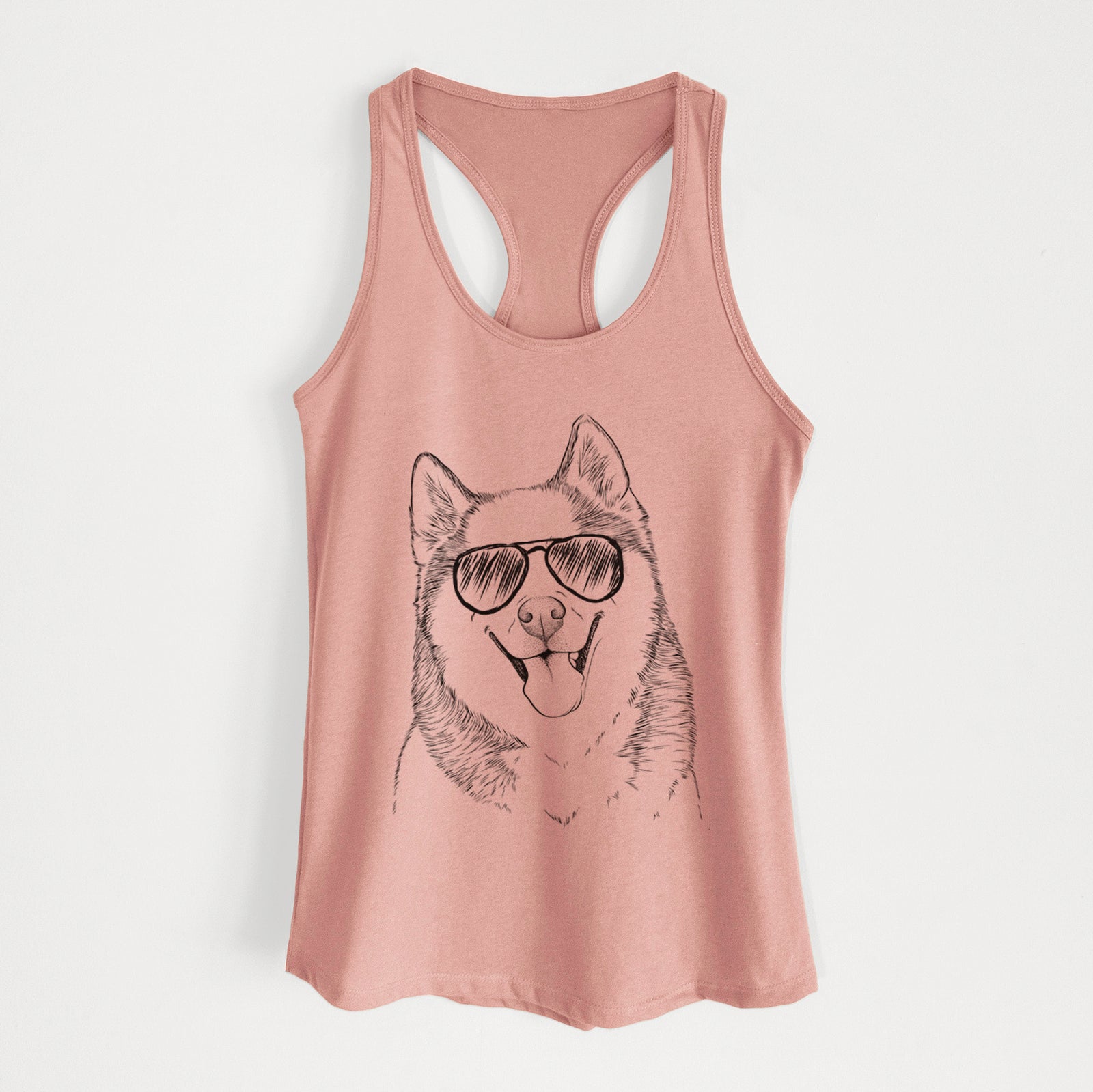 Hand-drawn sketch of Teak the Siberian Husky wearing aviator sunglasses on a Desert Pink Women's racerback tanktop