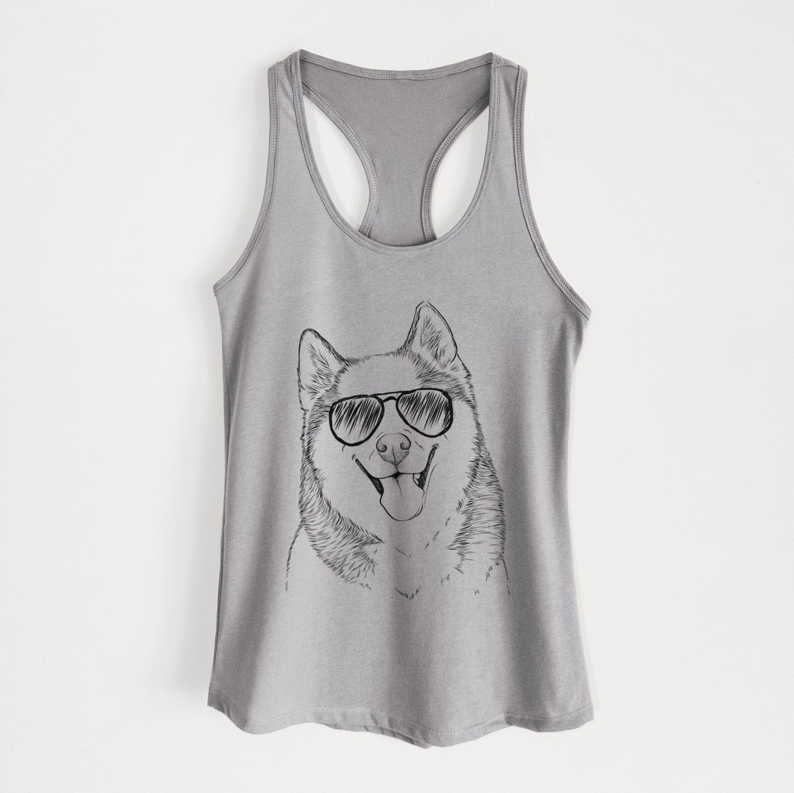 Hand-drawn sketch of Teak the Siberian Husky wearing aviator sunglasses on a Heather Grey Women's racerback tanktop