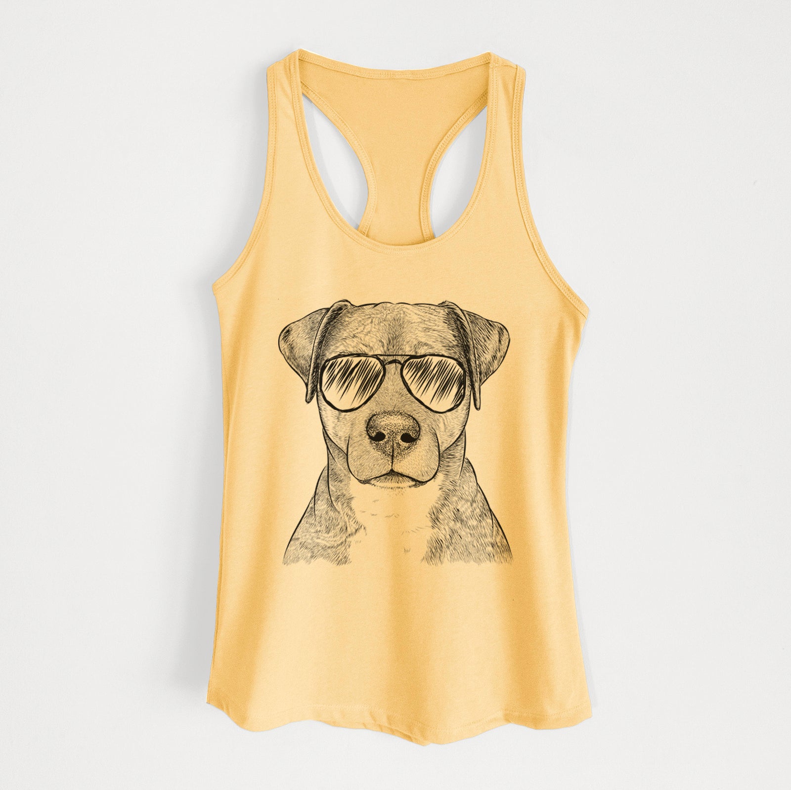 Hand-drawn sketch of TedE the Mixed Breed wearing aviator sunglasses on a Banana Cream Women's racerback tanktop