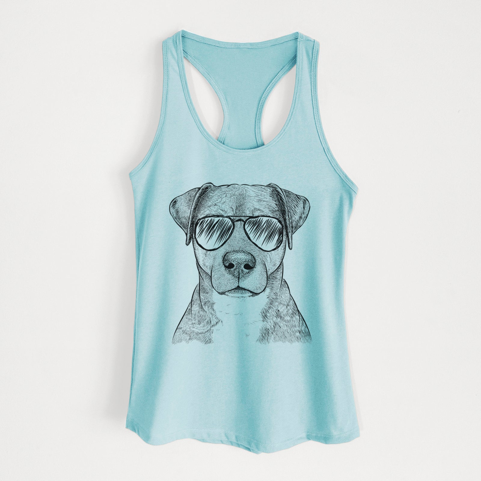 Hand-drawn sketch of TedE the Mixed Breed wearing aviator sunglasses on a Cancun Blue Women's racerback tanktop