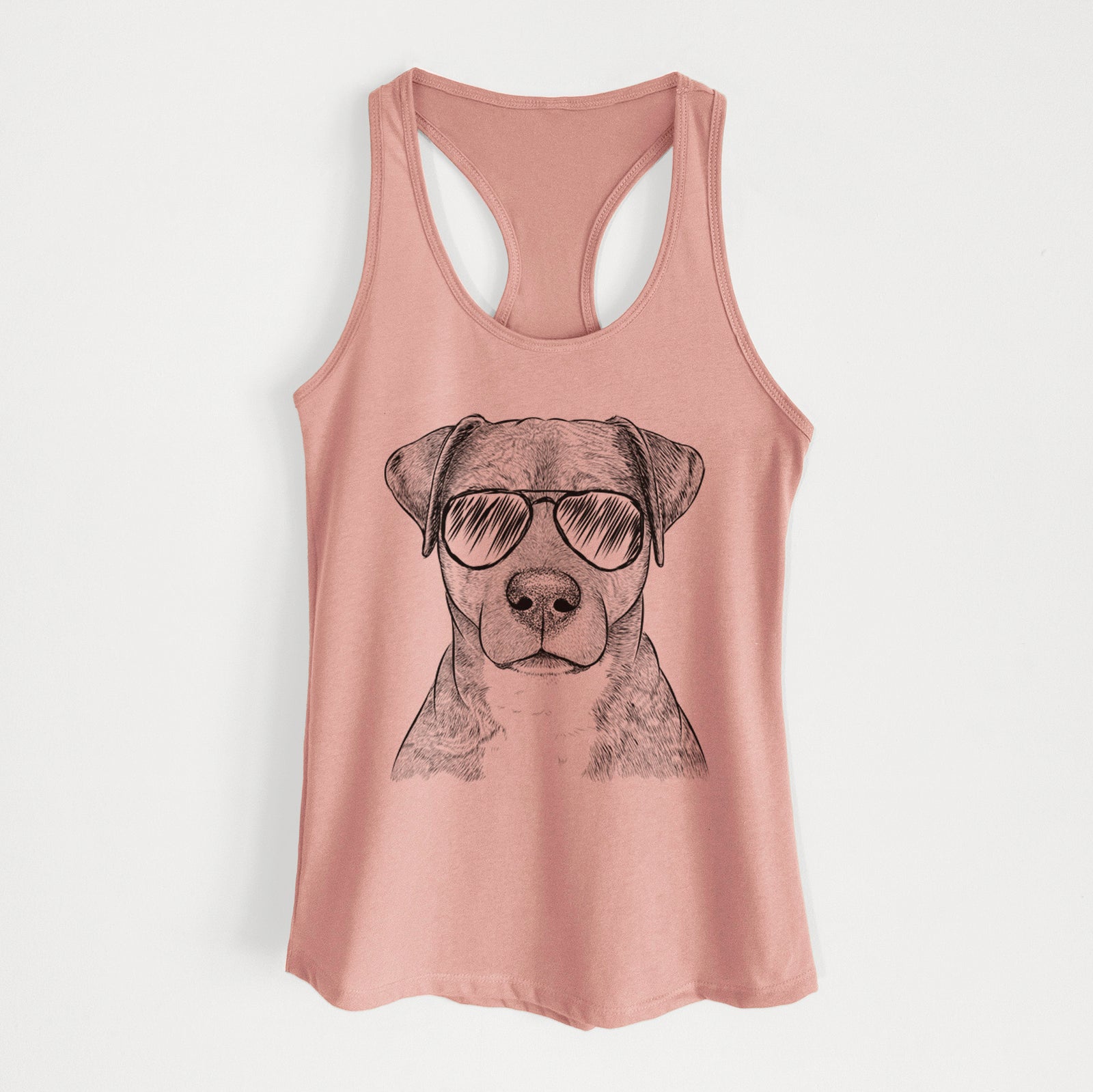 Hand-drawn sketch of TedE the Mixed Breed wearing aviator sunglasses on a Desert Pink Women's racerback tanktop