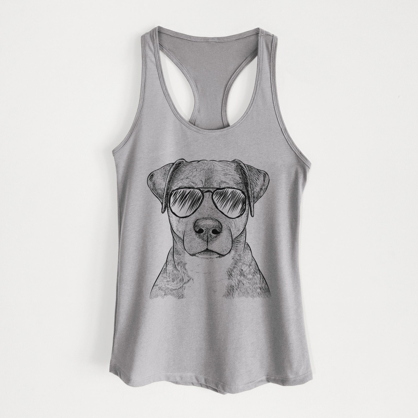 Hand-drawn sketch of TedE the Mixed Breed wearing aviator sunglasses on a Heather Grey Women's racerback tanktop