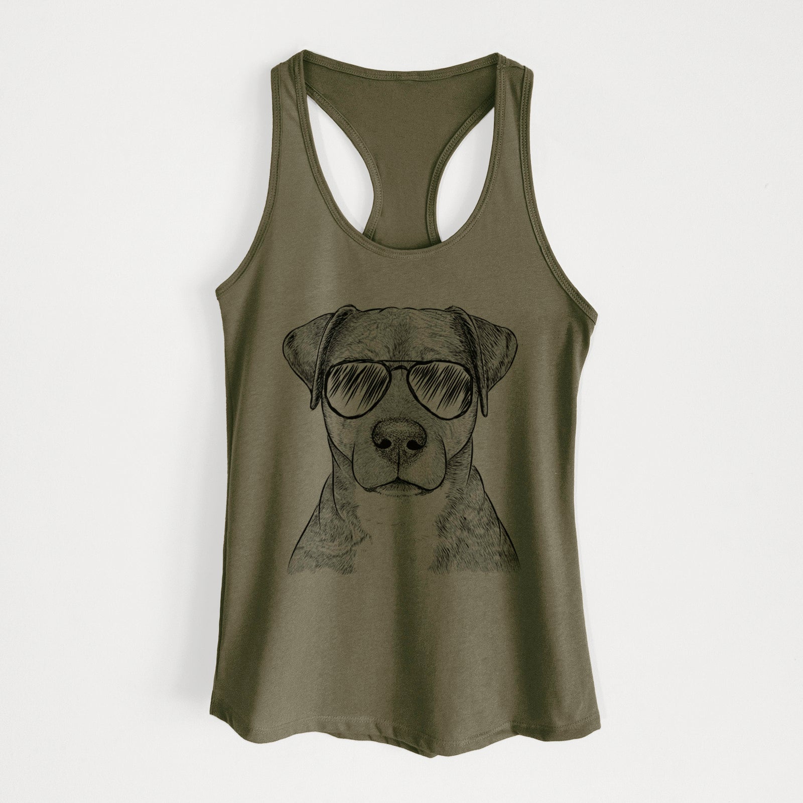 Hand-drawn sketch of TedE the Mixed Breed wearing aviator sunglasses on a Military Green Women's racerback tanktop