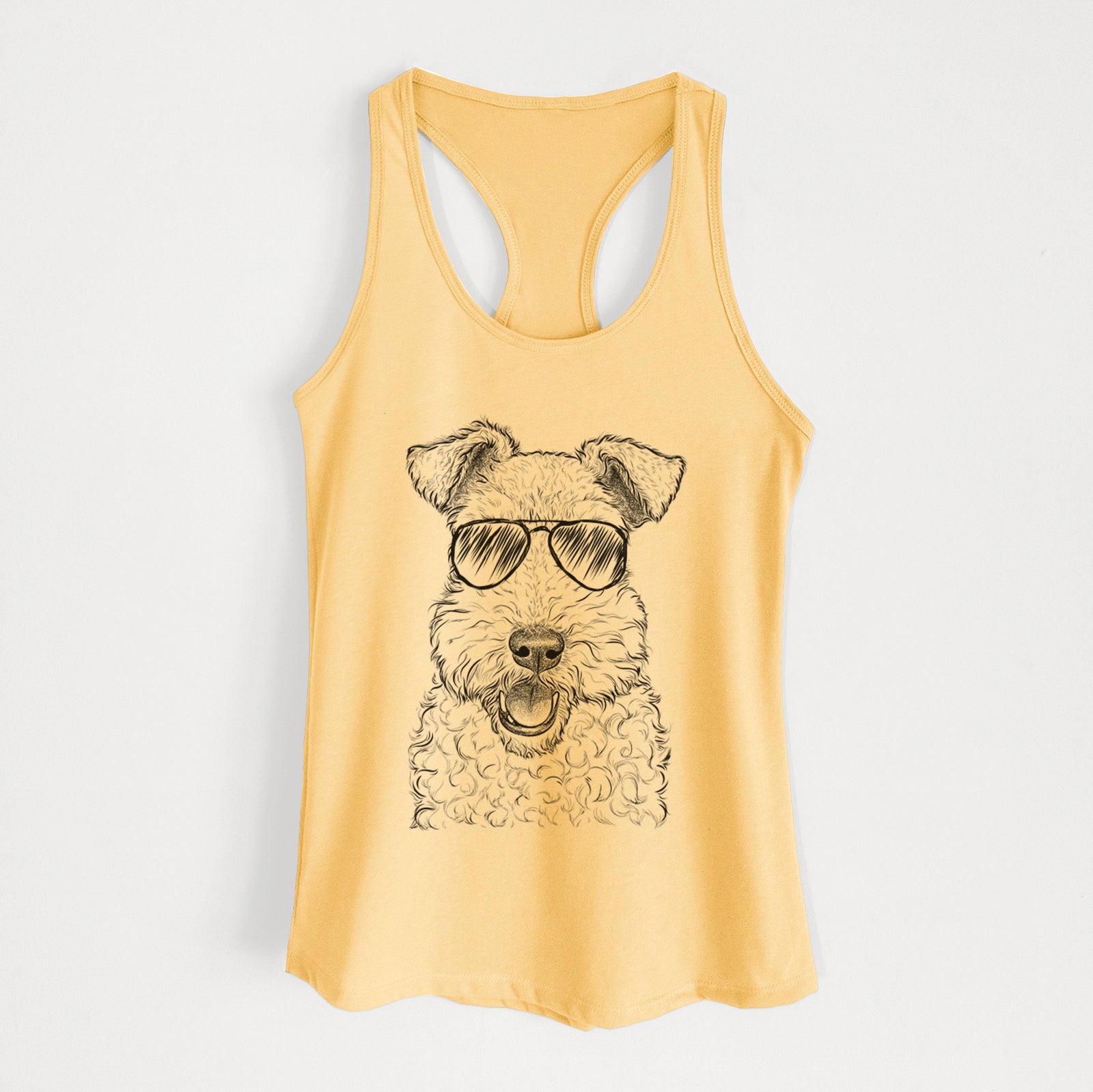 Hand-drawn sketch of Ted the Wire Fox Terrier wearing aviator sunglasses on a Banana Cream Women's racerback tanktop