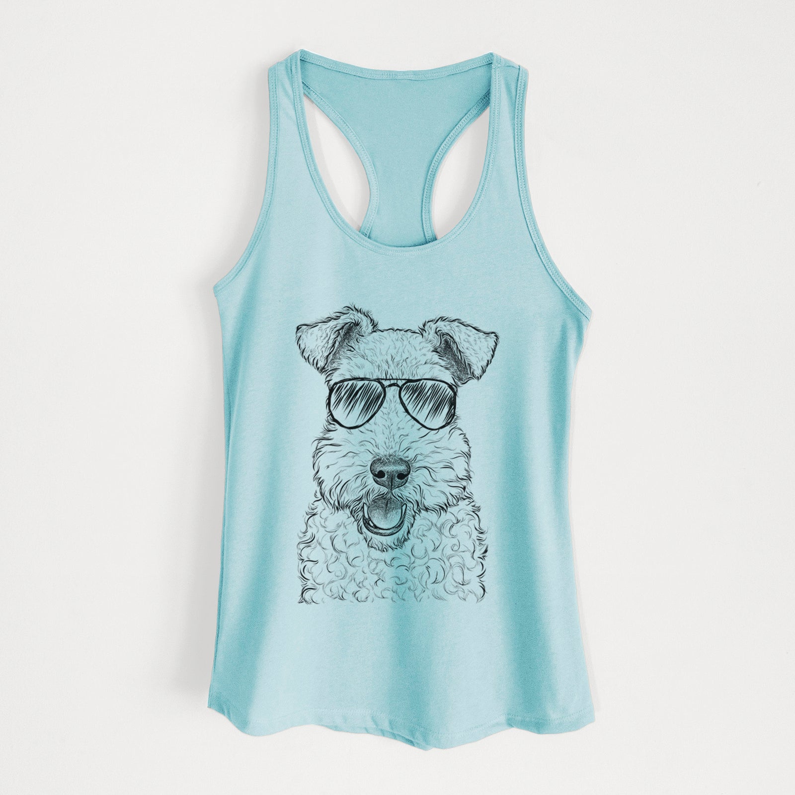Hand-drawn sketch of Ted the Wire Fox Terrier wearing aviator sunglasses on a Cancun Blue Women's racerback tanktop