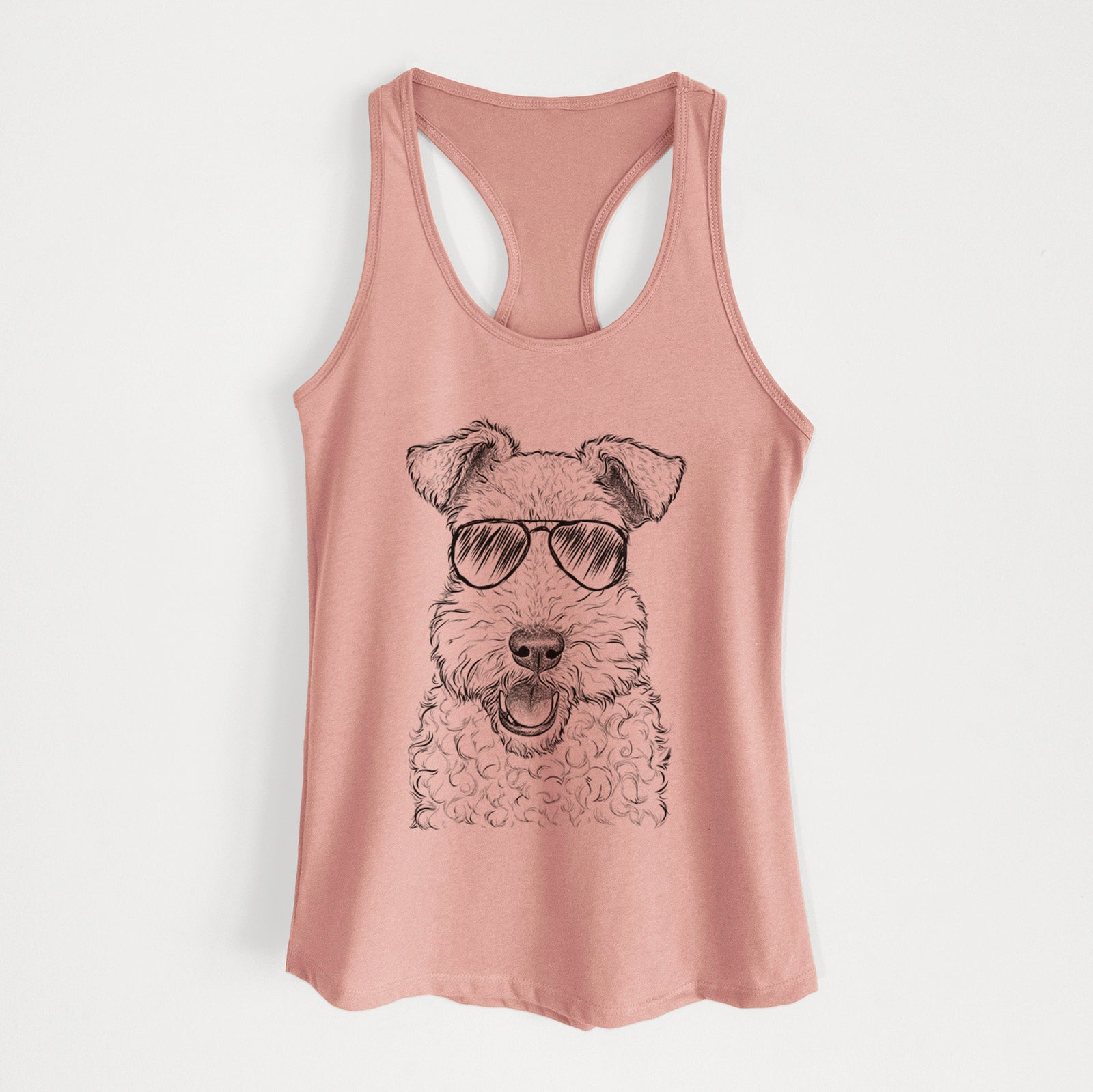 Hand-drawn sketch of Ted the Wire Fox Terrier wearing aviator sunglasses on a Desert Pink Women's racerback tanktop