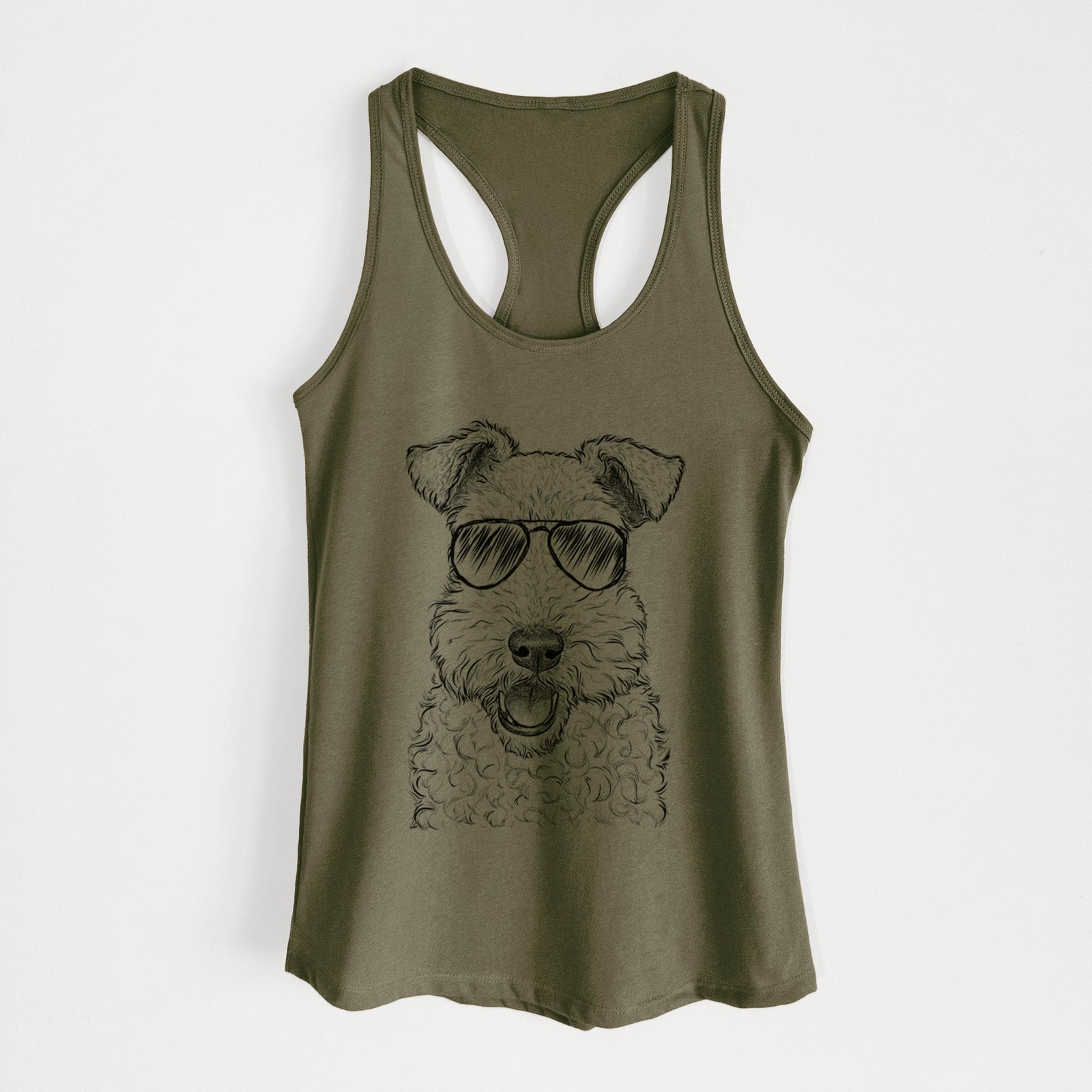 Hand-drawn sketch of Ted the Wire Fox Terrier wearing aviator sunglasses on a Military Green Women's racerback tanktop