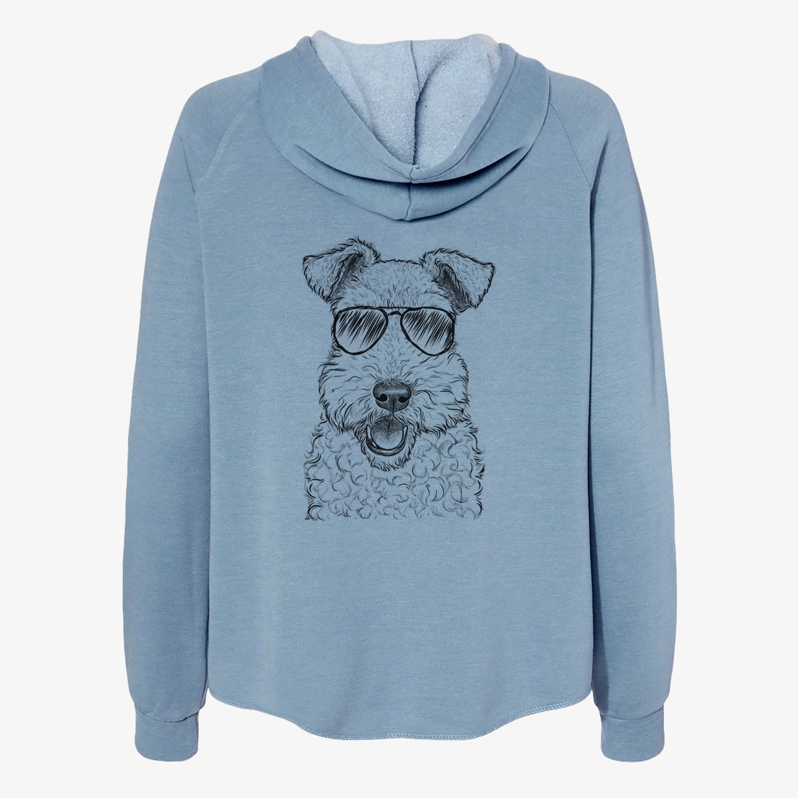 Hand-drawn sketch of Ted the Wire Fox Terrier wearing aviator sunglasses on a Misty Blue Women's cali wave zip-up sweatshirt
